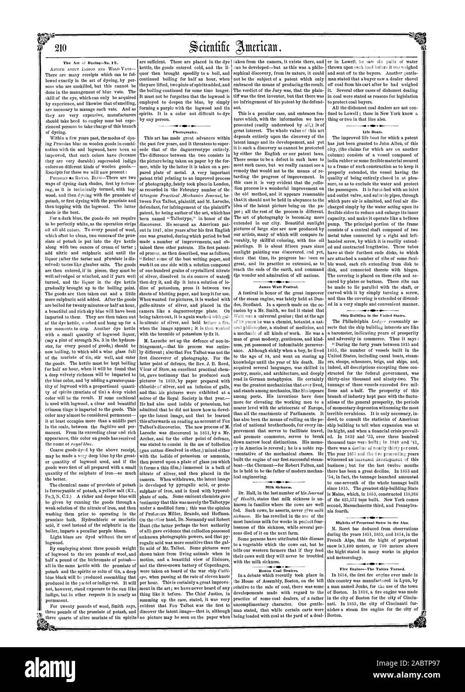 210 L'art ou la teinture-No. 12. James Watt Festival. La maladie du lait. Bateaux de la vie. Bâtiment de bateau aux États-Unis. - Highths de neige éternelle dans les Alpes. Pompiers-l 'Fables tourné., Scientific American, 1855-03-17 Banque D'Images