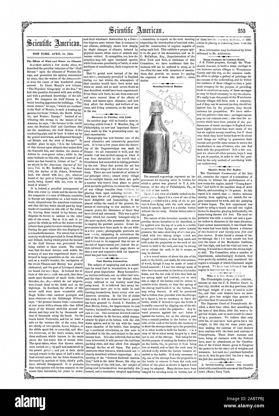 Les effets du vent et de l'eau sur les climats. Découverte à peindre avec la lumière. La combustion du charbon des locomotives. Voitures à vapeur pour les routes. La Vapeur du Shawk Fire Engine. Qu'est-ce qu'un poids de 4 tonne de charbon  = Bouchons de fixation dans des bouteilles, Scientific American, 1855-04-21 Banque D'Images