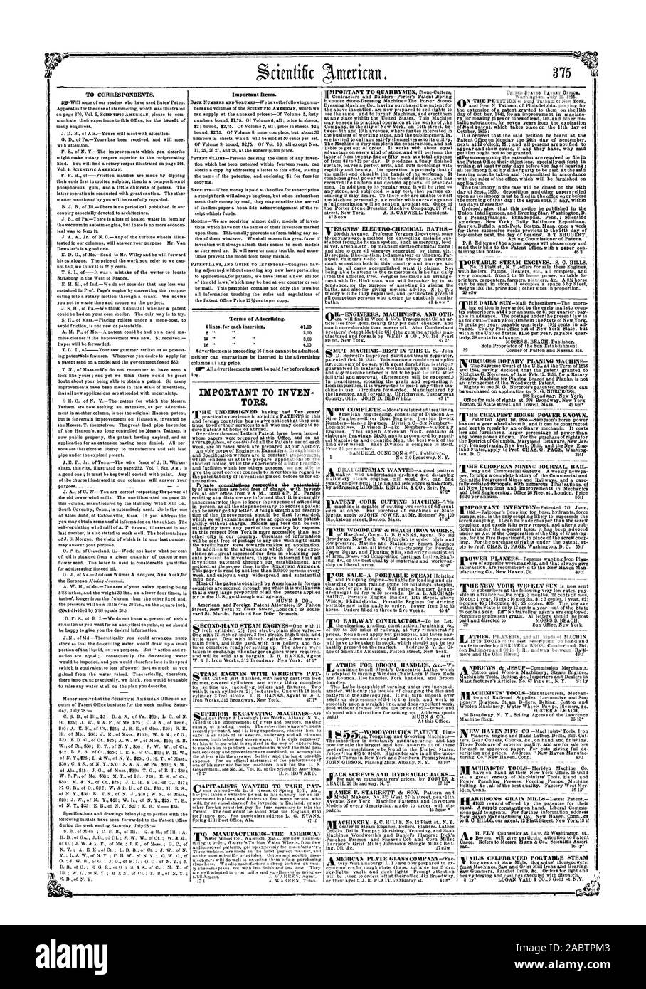 Aux correspondants. Les articles importants. Termes de la publicité. IMPORTANT D'INVEN teurs. APITALISTS VOULAIT PRENDRE PAT. Mt Il WOODRUFF de plage IRON WORKS. YOSHE EUROPEAN MINING JOURNAL SCIENTIFIC AMERICAN RAIL 1855 INC., 1855-08-04 Banque D'Images