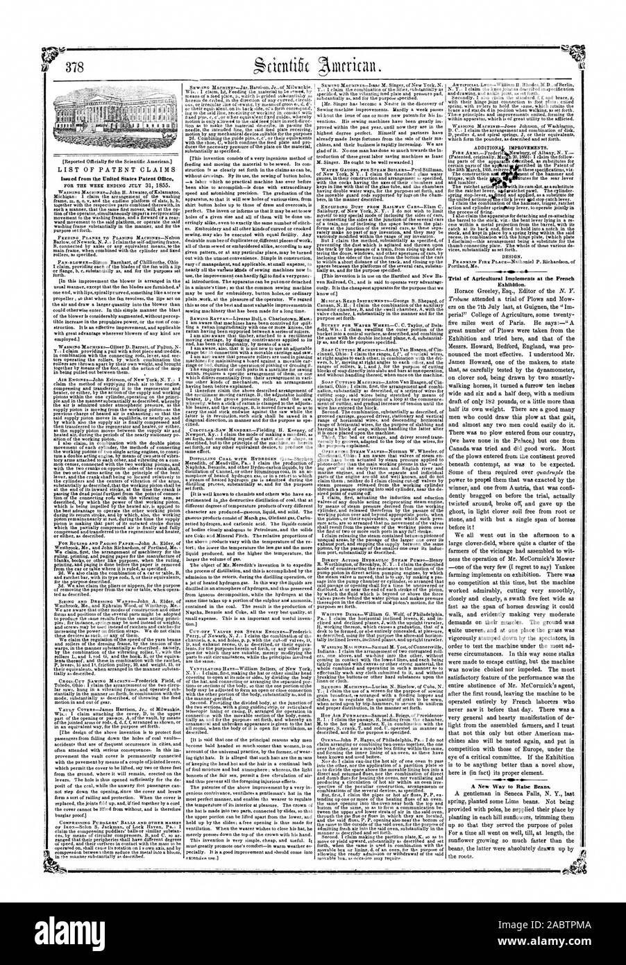 Publié par l'Office des brevets des États-Unis d'essai des instruments d'agriculture à l'exploitation française. Une nouvelle façon de sensibiliser les haricots., Scientific American, 1855-08-11 Banque D'Images