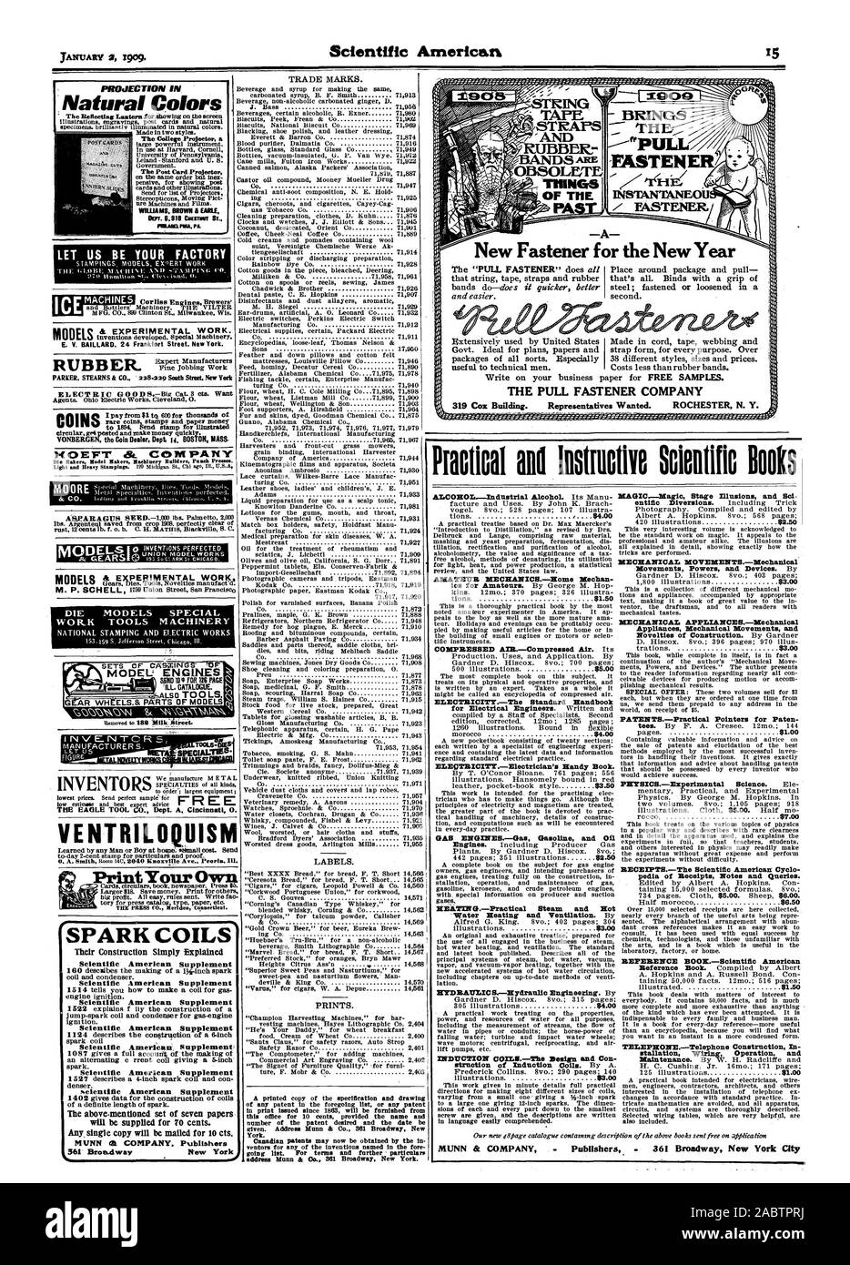 Govt. Idéal pour les documents de plans et de l'attache formulaire pour chaque but. Plus de paquets de toutes sortes. En particulier 38 différents styles de tailles et de prix. utile pour les hommes. technique Coûte moins de bandes de caoutchouc. Écrire sur papier de votre entreprise pour des ÉCHANTILLONS GRATUITS. La société attache 319 Cox Building. Les représentants voulaient. ROCHESTER N. Y., Scientific American, -1909-01-02 Banque D'Images