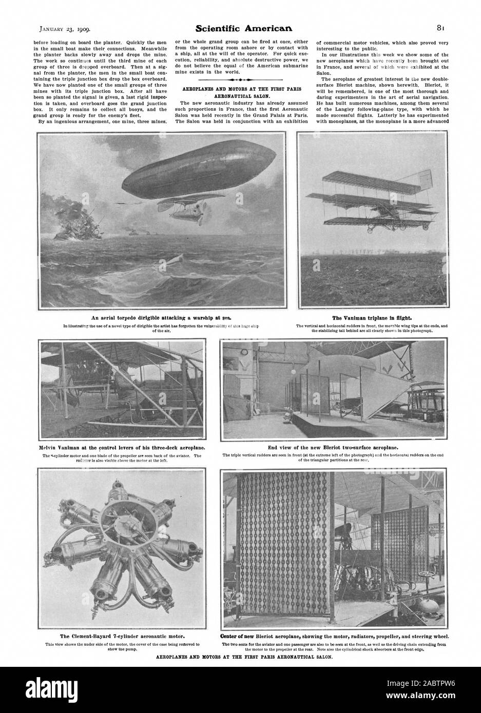 Les AVIONS ET MOTEURS DANS LE PREMIER SALON AÉRONAUTIQUE DE PARIS. Une torpille aérienne attaquant dirigeable un navire en mer. Le triplan Vaniman en hauteur. Melvin Vaniman sur les leviers de commande de son trois-pont avion. Vue en bout de la nouvelle surface deux Blériot-avion. Les AVIONS ET MOTEURS DANS LE PREMIER SALON AÉRONAUTIQUE DE PARIS. Le Clement-Bayard 7 cylindres motet aéronautique, Scientific American, -1909-01-23 Banque D'Images