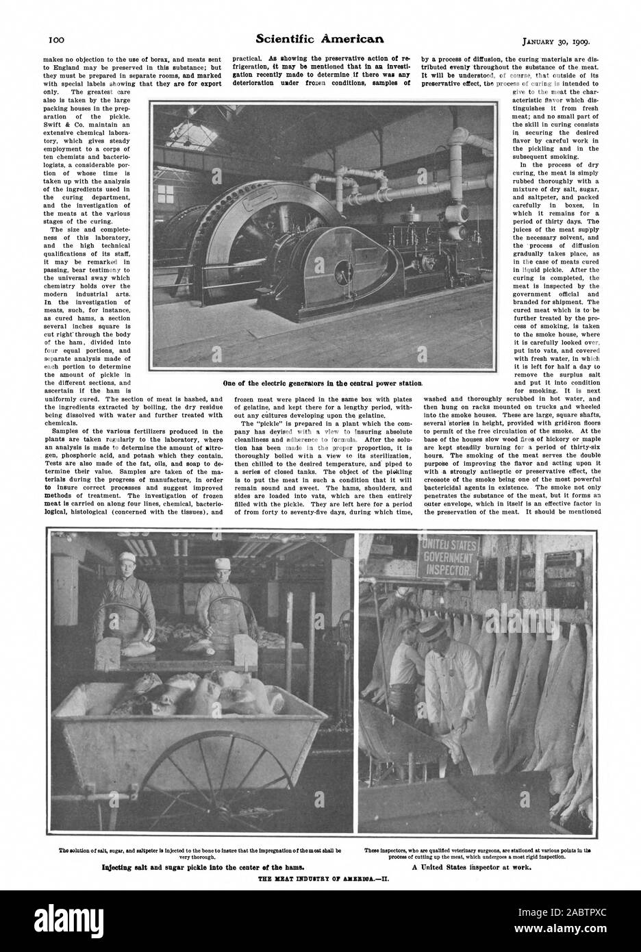 L'un des générateurs électriques dans la station d'alimentation centrale l'injection de sel et de sucre dans le centre de cornichon les jambons. Un inspecteur du travail. L'INDUSTRIE DE L'ARICRWA.--II., Scientific American, -1909-01-30 Banque D'Images