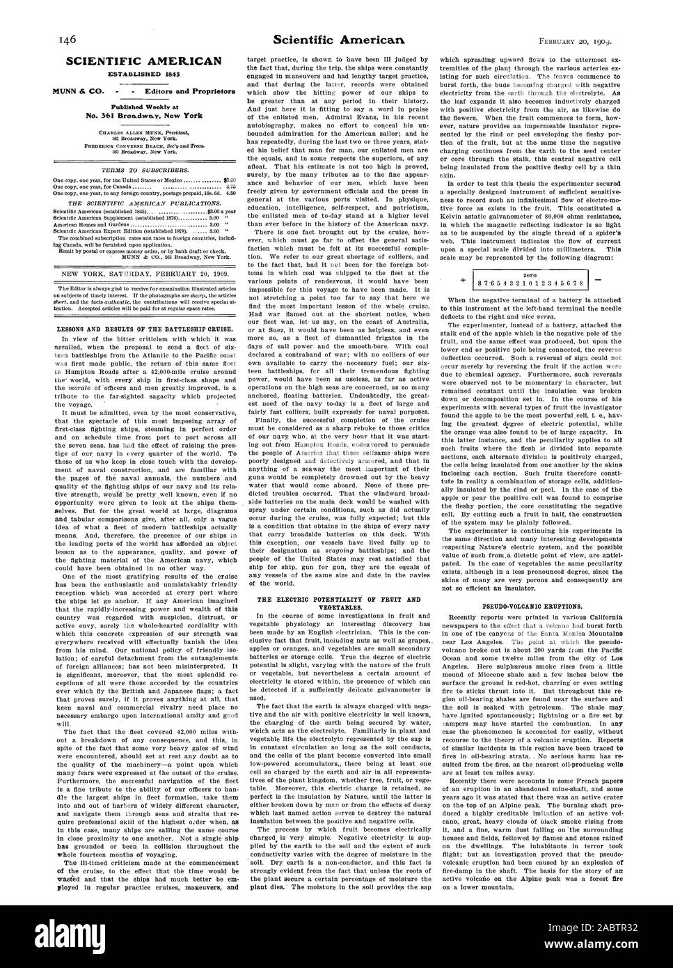 SCIENTIFIC AMERICAN A ÉTABLI 1845 no 361 Broadway. New York CHARLES ALLEN ML7NN Président CONDITIONS D'ABONNÉS. L'AMÉRICAIN SCIENTIFIQUE PUBLICATIONS. Les légumes. PSEUDO-ÉRUPTION VOLCANIQUE., -1909-02-20 Banque D'Images