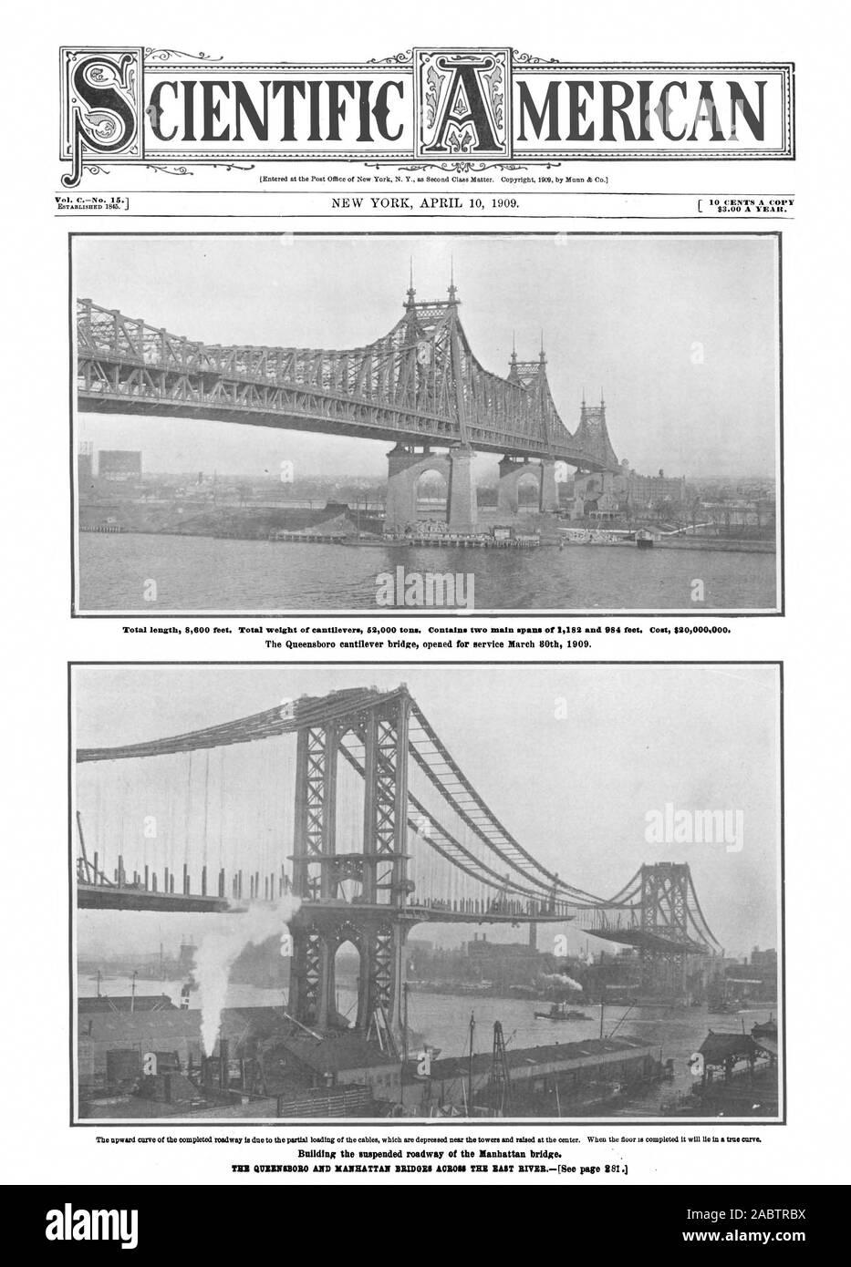 CIENTIFW le Queensboro Bridge cantilever ouvert pour l'entretien Mars 80e 1909. La construction de la chaussée d'stuspended le Manhattan Bridge., Scientific American, -1909-04-10 Banque D'Images