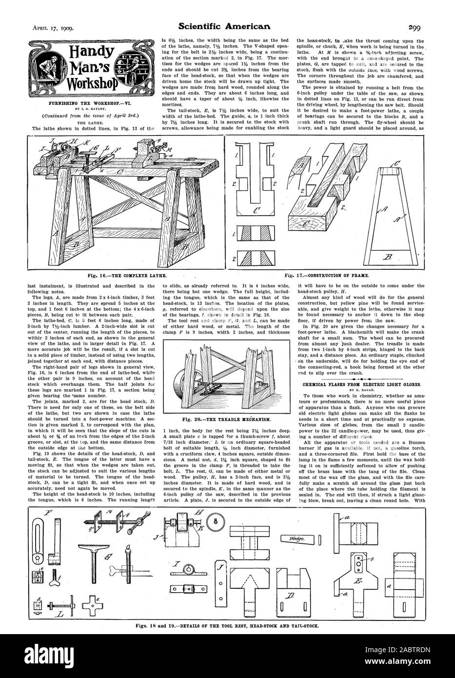 17 avril 1909. L'AMEUBLEMENT DE LA WORKSHOPVI. Scientific American Handy Maws WorRshoil . Fig. 20LE MÉCANISME À PÉDALE. Flacons DE PRODUITS CHIMIQUES À PARTIR DE LA LUMIÈRE ÉLECTRIQUE. Fig. 18 et 19.--DÉTAILS DE L'outil reste chef-STOCK ET LA QUEUE--1909-04-17, STOCK. Banque D'Images