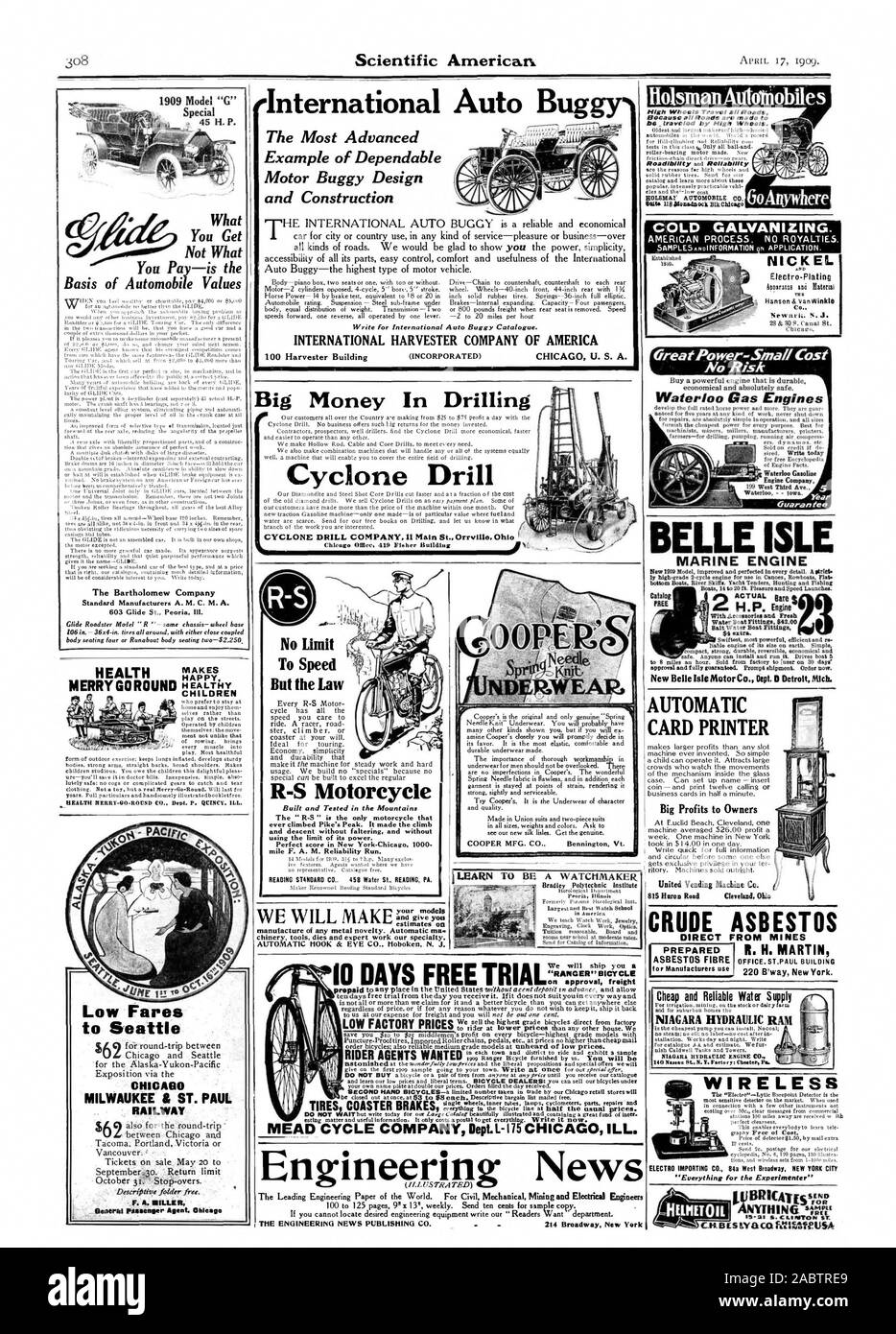 La santé des enfants en bonne santé merry go round tioismanAuloiriobiles Elecause toutes les routes sont faites t être Wfbeem  parcourue par Mtge. Galvanisation à froid. Économique et fiable d'alimentation directe de l'amiante brut Watt PROVENANT DES MINES D'AMIANTE préparé o r cosmétiques Bureau. ST.PAUL BUILDING 220 B'way, New York. Semoir Cyclone International Auto buggy le plus Exemple avancé de Buggy Moteur fiable Conception et construction écrire pour International Auto Buggy Catalogue. INTERNATIONAL HARVESTER COMPANY D'AMÉRIQUE Le grand argent dans le forage, Scientific American, -1909-04-17 Banque D'Images