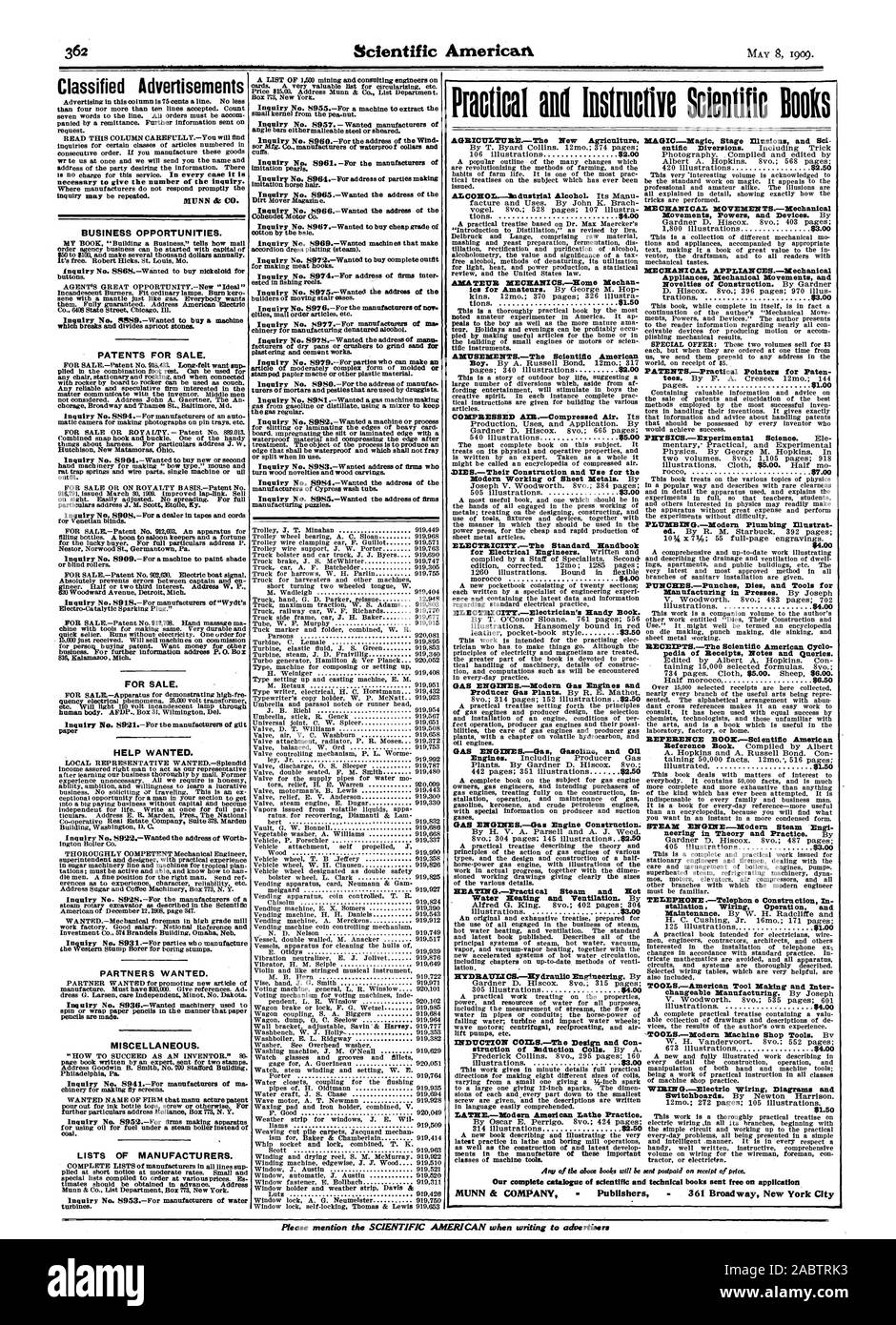 Annonces classées dans cette colonne est de 75 cents la ligne. Pas moins de quatre, ni plus de dix lignes acceptées. Comptez sept mots de la ligne. Toute commande doit être accompagnée d'un versement. Plus d'information envoyé sur demande. Lire l'article attentivement.-Vous trouverez des demandes pour certaines catégories d'articles numérotés dans wr te-nous immédiatement et nous vous enverrons le nom et adresse de la partie qui désire l'information. Il est nécessaire de donner le numéro de l'enquête. Lorsque les fabricants n'ont pas répondre sans délai la MUNN & CO. LES OCCASIONS D'AFFAIRES. Le but peut être d'affaires de l'agence Banque D'Images