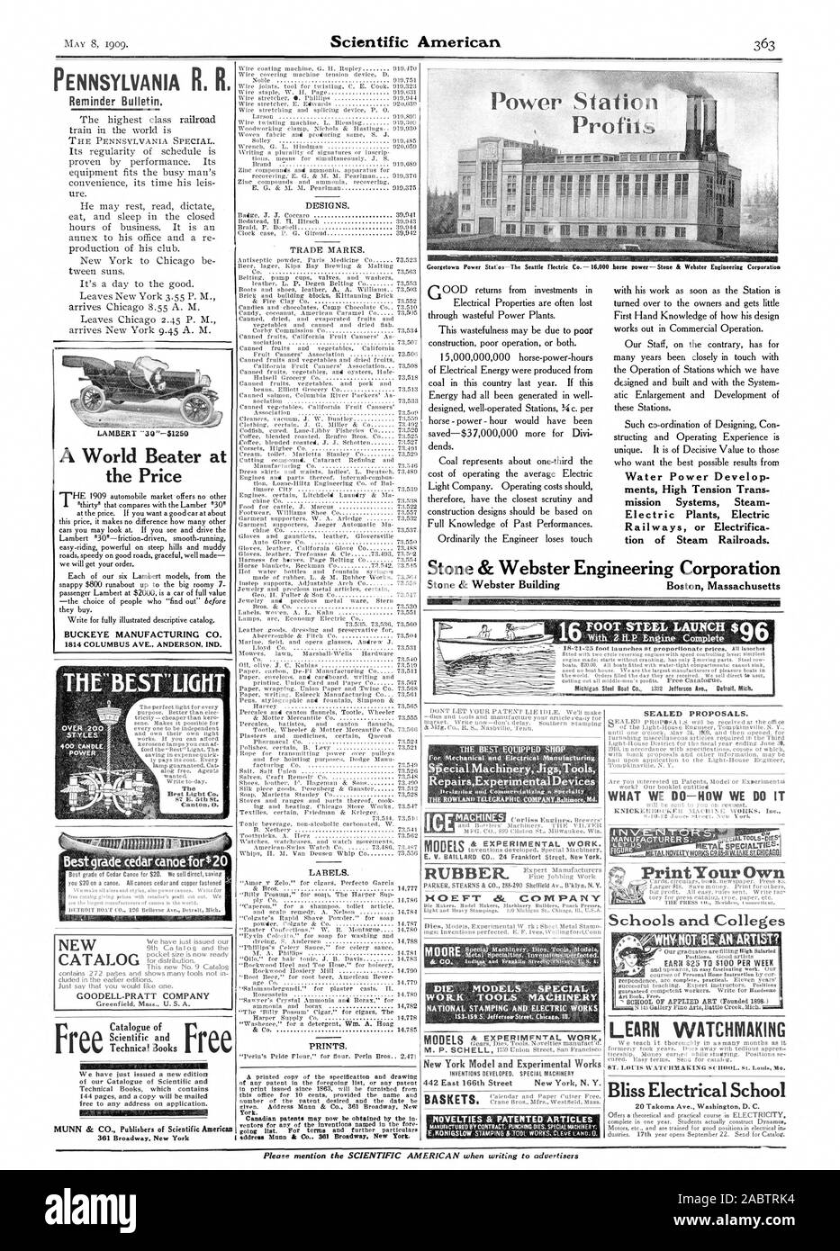 Power Station d'alimentation de l'eau Bénéfices Développer ment trans mission Haute Tension de vapeur Systèmes électriques tramways électriques ou de l'électrification des chemins de fer à vapeur. Stone & Webster Engineering Corporation Stone & Webster Building Boston Massachusetts avec 2 moteur H.P Compléter la mieux équipée SHOP Sfecial JigsTools RepairsExperimental Machines Spéciales MODÈLES DIE Périphériques MACHINES OUTILS DE TRAVAIL ET DE L'estampage NATIONAL ELECTRIC WORKS S. 153-159 JeffersowStreet Chicag ID. Modèle de New York et d'Œuvres expérimentales est 442 166e Rue N. Y. NOUVEAUTÉS & ARTICLES BREVETÉS APPRENDRE SCELLÉS D'HORLOGERIE Banque D'Images