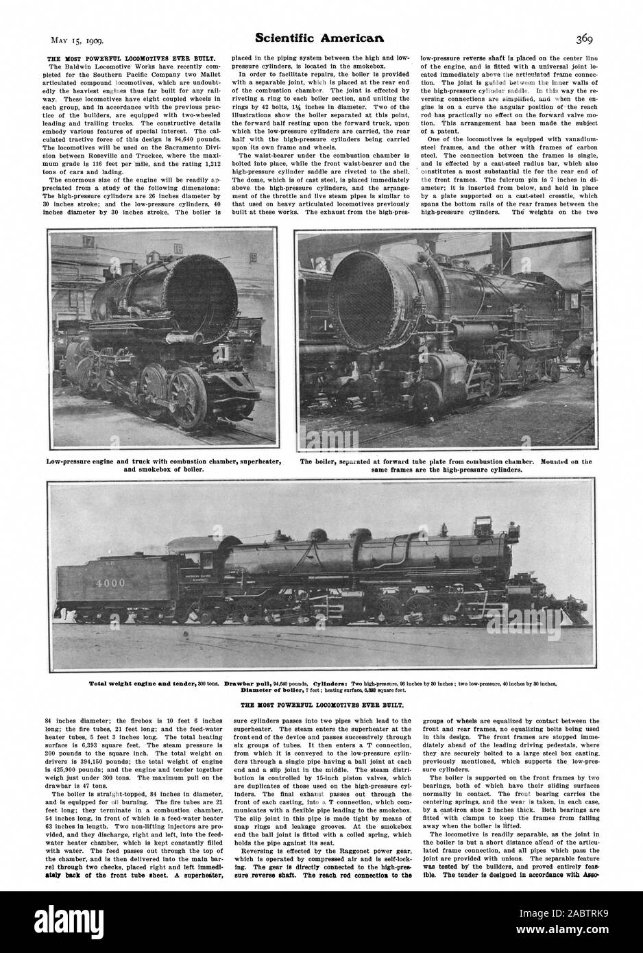 Moteur à basse pression et de camions avec chambre de combustion de la chaudière surchauffeur séparés à l'avant de la plaque du tube à partir de la chambre de combustion. Monté sur l'smokebox et de chaudière. Même les trames sont les cylindres haute pression. Les plus puissantes locomotives jamais construit. teur arrière du tube avant. Un surchauffeur ing. L'engrenage est directement connecté à la haute-pression arbre de marche arrière. La portée de la connexion de la tige, Scientific American, -1909-05-15 Banque D'Images