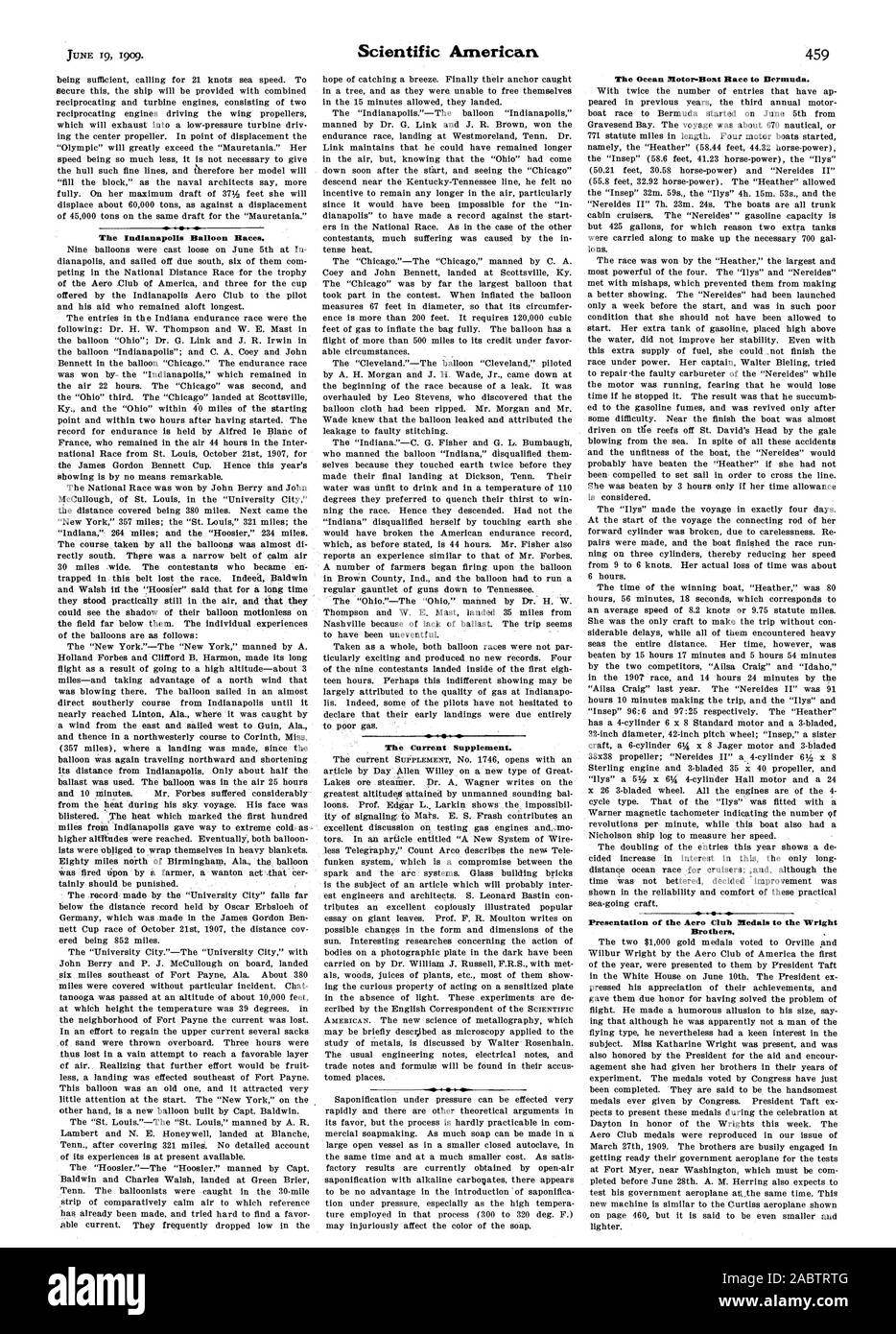 Le Ballon d'Indianapolis courses. Le supplément actuel. L'océan Race Motor-Boat aux Bermudes. Présentation de l'Aéroclub médailles aux frères Wright., Scientific American, -1909-06-19 Banque D'Images