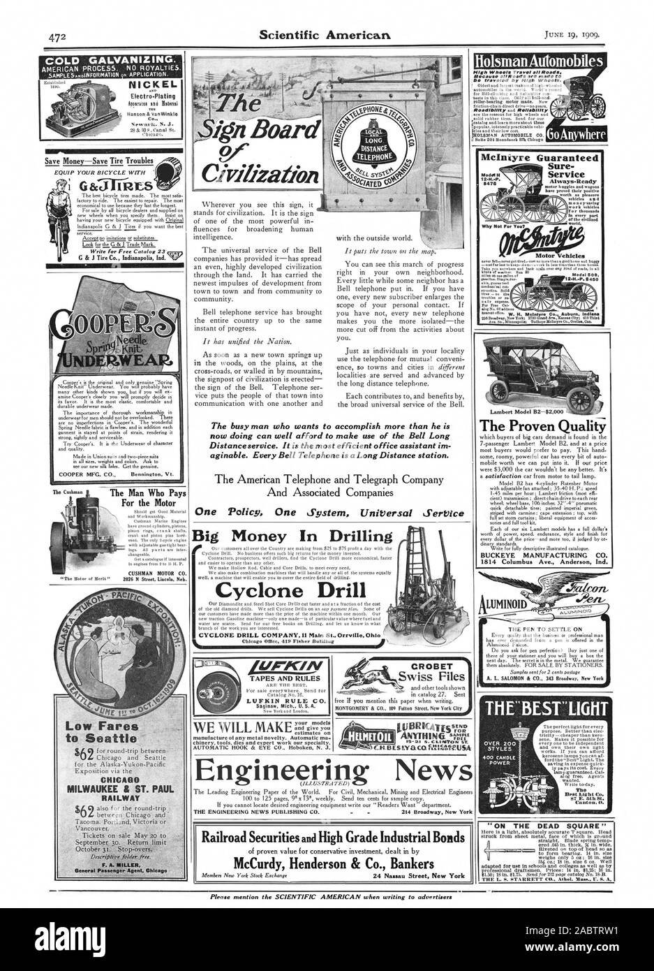 Du monde civilisé. Véhicule à moteur. SImpledur gusran capable teed W. H. MCINTYRE Co. Indiens Auburn 475 H Moka pourquoi pas pour vous ? Modèle 509 450 10940 MCINTYRE l'homme très occupé qui veut faire plus qu'il est en train de faire, peut bien se permettre d'utiliser les services interurbains de Bell. Il est l'assistant de bureau plus efficace im aginable. Chaque téléphone de Bell est une longue distance. Un système d'une politique publique d'équiper votre vélo avec service. Écrire pour Catalogue Gratuit 23 sqp G & J Tire Co. Indianapolis Ind., Scientific American, -1909-06-19 Banque D'Images