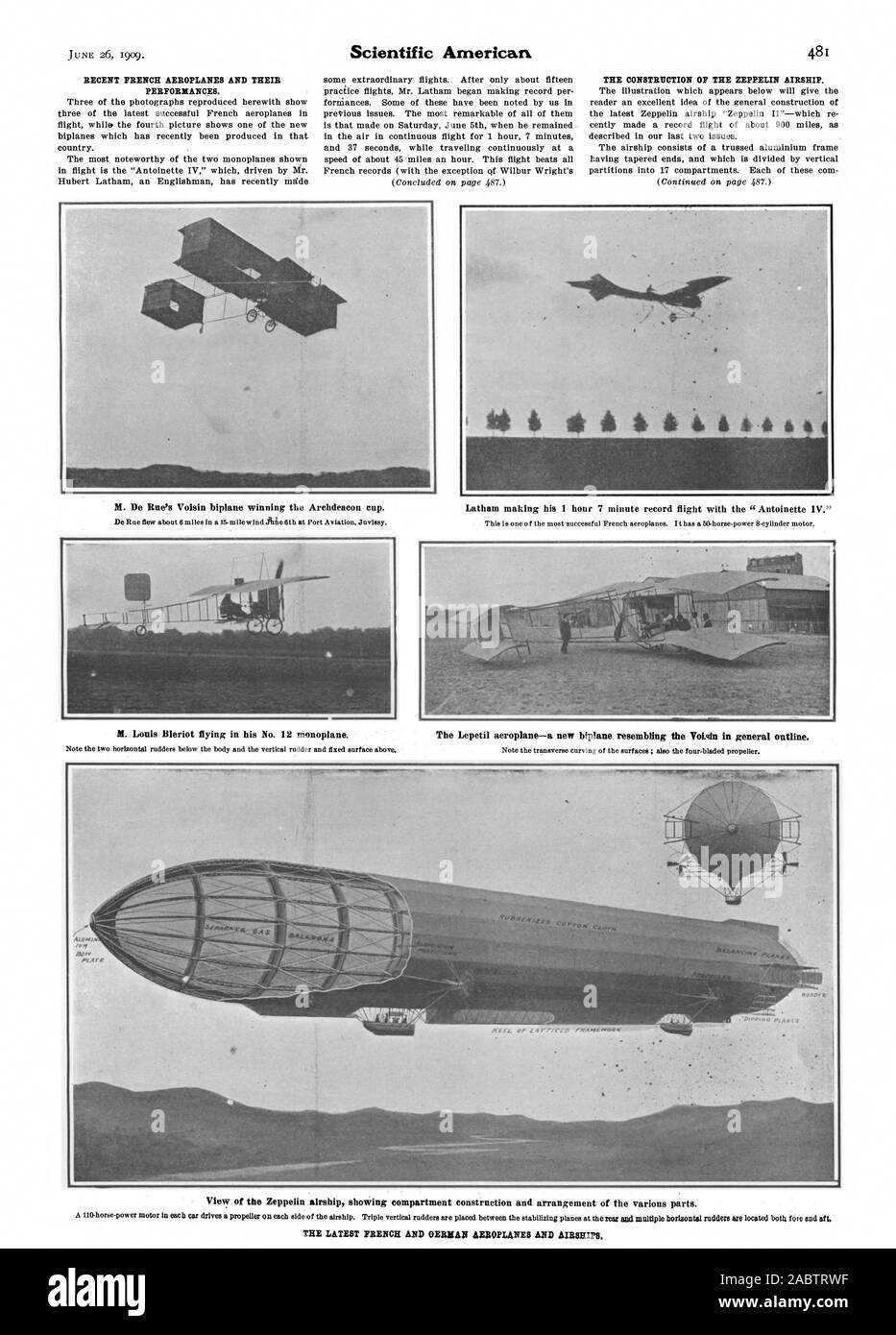 M. De Rue a remporté le biplan voisin de la coupe 1635. M. Louis Blériot voler dans son monoplan n° 12. Latham fait ses 1 heure 7 minute de vol record avec le 'Antoinette IV.' Le Lepetil-avion biplan une nouvelle qui ressemble à l'Votigin en grandes lignes. Vue sur le dirigeable Zeppelin montrant la construction du compartiment et de l'arrangement des différentes parties. Les derniers avions allemands et français et les dirigeables., Scientific American, -1909-06-26 Banque D'Images