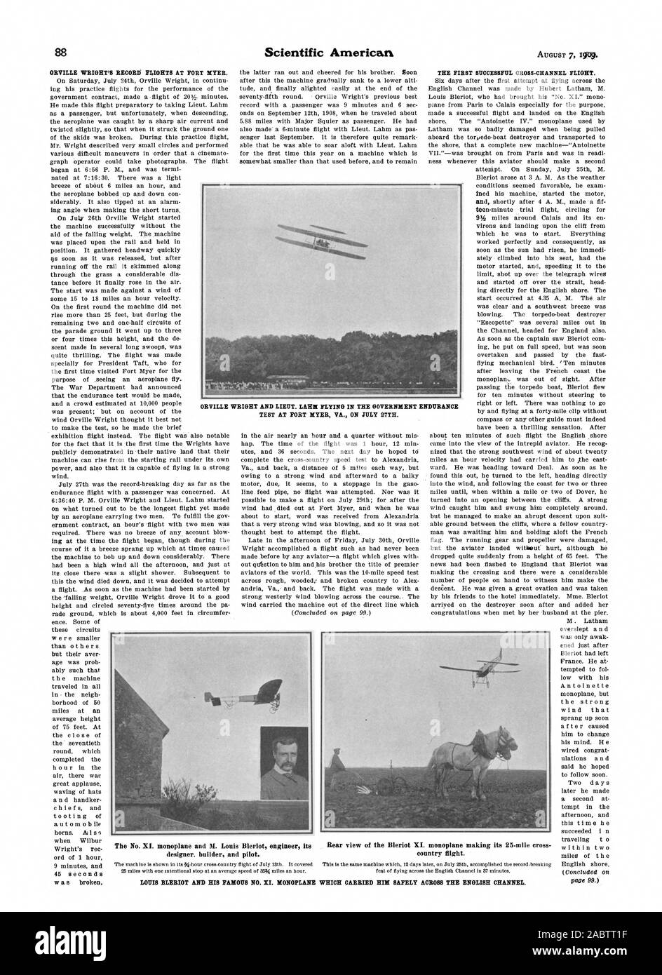 ORVILLE WRIGHT'S NOTICE VOLS À FORT MYER. a été rompu avec succès le premier vol trans-Manche. page 99.Orville Wright et le lieut. LAME VOLANT DANS LE GOUVERNEMENT L'ENDURANCE no XI et M. Louis Blériot monoplan son concepteur ingénieur constructeur et pilote. pays voyage. LOUIS BLÉRIOT ET SON FAMEUX N° XI. Qui l'A PORTÉ MONOPLAN EN TOUTE SÉCURITÉ À TRAVERS LA MANCHE., Scientific American, -1909-08-07 Banque D'Images