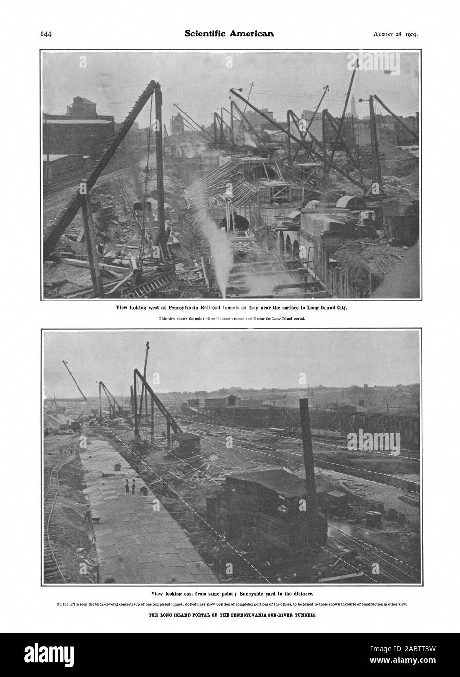 Vue vers l'ouest à la Pennsylvania Railroad Tunnel à l'approche de la surface à Long Island City. Vue vers l'est à partir de la même question ; dans la distance de cour de Sunnyside. Le PORTAIL DE LA LONG ISLAND NEW YORK SOUS-RIVER TUNNELS., Scientific American, -1909-08-28 Banque D'Images