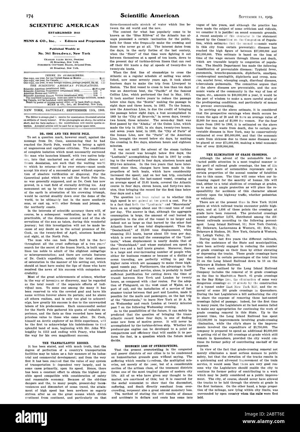 SCIENTIFIC AMERICAN MUNN & Co. Inc. éditeurs et propriétaires No 361 Broe.dwa.y New York DR. COOK ET LE PÔLE NORD. Le record sur la traversée. La perte économique de la surpopulation. L'ÉLIMINATION DES PASSAGES À NIVEAU. portées., 909-09-11 Banque D'Images