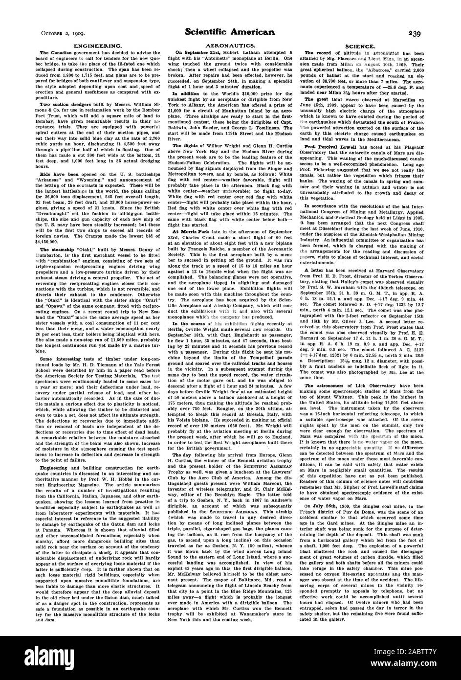 L'ingénierie. L'aéronautique. La SCIENCE. nauts a connu une température de -26,6 deg. F. et le grand raz de marée observée à Marseille le 15 juin 1909 semblent avoir été causés par la charge électrique inhabituellement élevée de l'atmosphère dont on sait qu'il existait pendant la période des tremblements de terre qui a dévasté le sud de la France. La puissante attraction exercée sur la surface de la terre par cette charge électrique causé des tremblements de terre et sur les tsunamis de la Méditerranée. Que l'observatoire de mars sont les canaux de l'antarctique dis apparaissant. Cette diminution de l'muchdiscussed semble canaux Banque D'Images