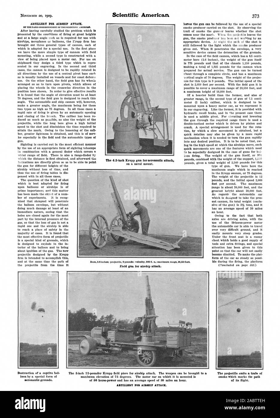 Les 4,2 pouces canon Krupp de l'aéronautique l'ATTAQUE PAR LE CORRESPONDANT À PARIS DE L'Amérique. scientifique. des armes à feu qui est le mieux adapté pour la cuisson d'une heure. En raison du fait que les deux canon de campagne pour l'Airship attaque. Pour l'artillerie attaque dirigeable., Scientific American, -1909-11-20 Banque D'Images