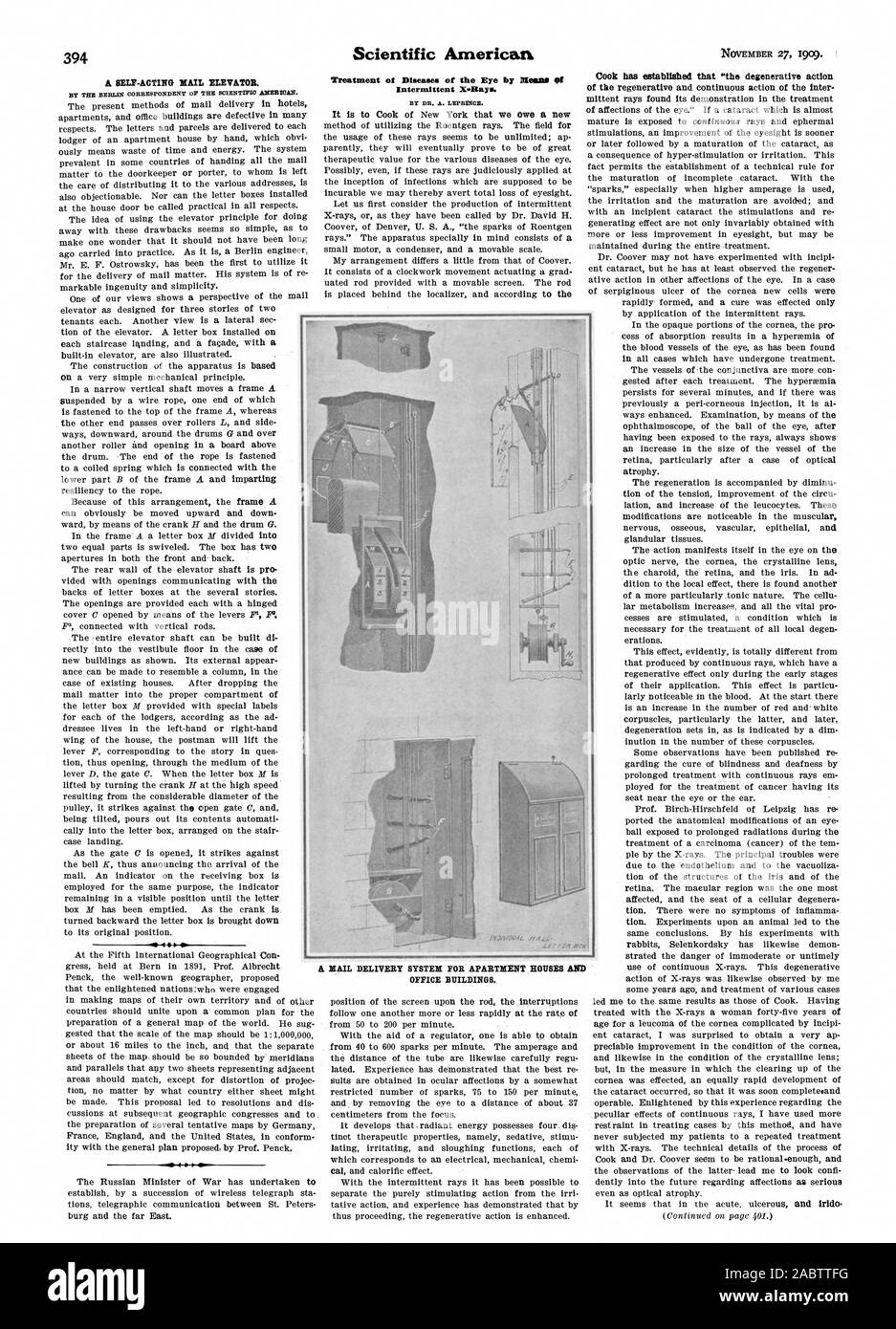 Un MAIL DELIVERY SYSTEM POUR VACANCES ET ROUSES les immeubles de bureaux. X-Intermittent contre. Par DR. A. DEPRINCE., Scientific American, -1909-11-27 Banque D'Images