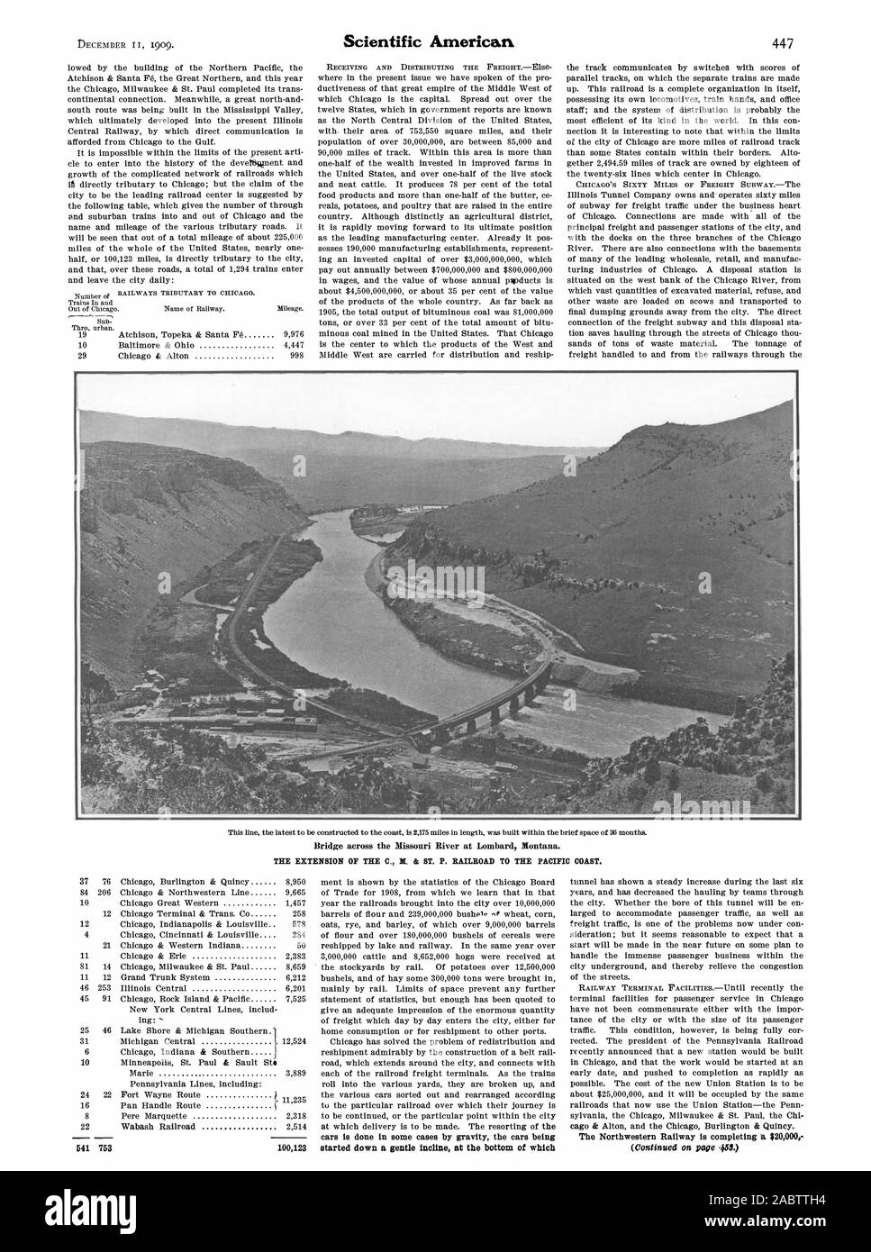 Pont sur la rivière Missouri de Lombard, Montana. L'extension de la C., M. & P. Railroad à la côte du Pacifique. Scientific American, 1909-12-11 Banque D'Images
