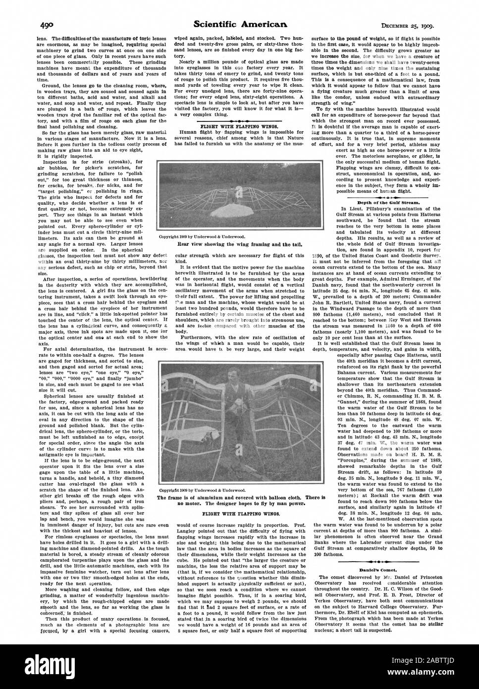 Vol avec les ailes battantes. Profondeur de l'influence du Gulf Stream. La comète de Daniel 4. Vue arrière montrant l'ossature de l'aile et la queue. Le châssis est en aluminium et recouvert de tissu de ballon. Il n'y a pas de moteur. Le concepteur espère voler par l'homme. Pouvoir, Scientific American, -1909-12-25 Banque D'Images