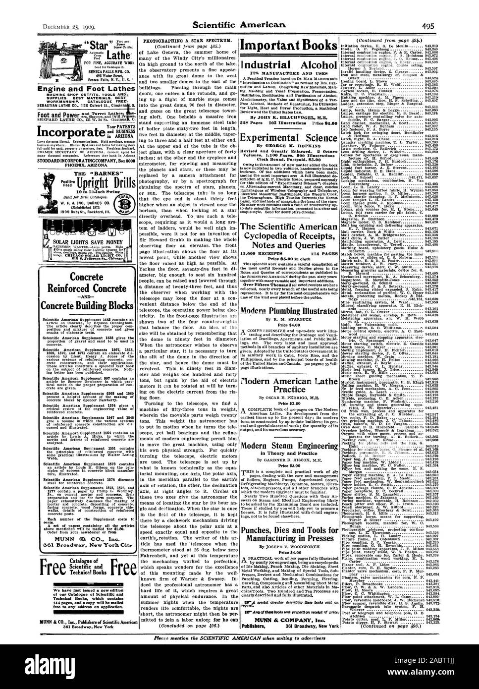 MUNN & Co. Inc. Publishers of Scientific American PHOTOGRAPHIER UNE STAR DU SPECTRE. Livres importants M 13 l'alcool industriel et sa fabrication utilise 52S Pages 105 Illustrations : 34,00 les sciences expérimentales révisé et considérablement augmentée 2 Volumes Octav. 1.100 pages 900 Illustrations lié. Tissu Services postpayés. 5,00 $ le Scientific American Cyclopaedia de reçus et les requêtes Notes Prix 85.00 au torchon plomberie moderne illustré page illustrations. American modernes pratique tour : 2,50 $ Génie vapeur moderne dans la théorie et la pratique : $3.00 poinçons matrices et d'outils pour la fabrication de presses à Banque D'Images