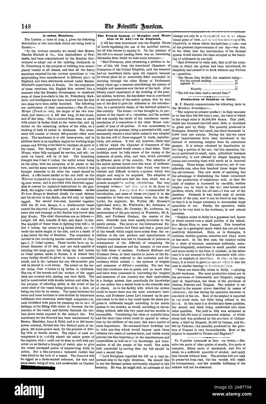 Le système français des poids et mesures qui seront adoptées en Angleterre. Production de soufre dans l'Italie., Scientific American, 64-09-03 Banque D'Images