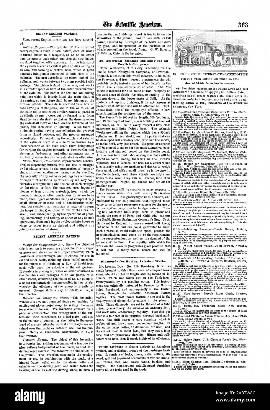 363 brevets anglais récent. Les brevets américains récents. Un bateau à vapeur américain pour bâtir une société anglaise. Les diamants pour puits artésiens ennuyeux. et des chaussures presque mentionnées ci-dessus., Scientific American, 64-12-03 Banque D'Images