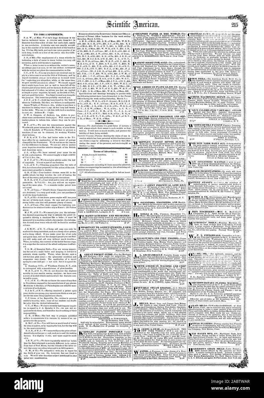 Aux correspondants. Les articles importants. Termes de la publicité. 2 W YON'S PARATONNERRE EN CUIVRE ET LES FABRICANTS NE UT 273 MÉCANIQUE DU MAMELON NIPPER DE BREVETS DE L'ÉQUIPE DE BLOC ET POMPES À INCENDIE À VAPEUR 4 PORTABLP «STEAIVI VAIL est célébré 1W7ORCROSS RABOTEUSE ROTATIF., Scientific American, 56-03-15 Banque D'Images