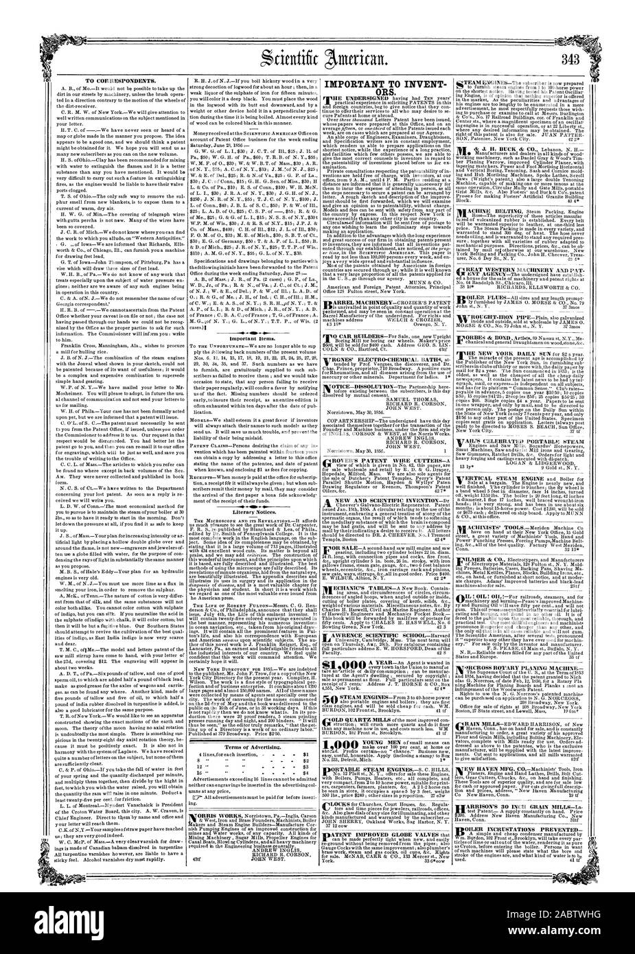 Aux correspondants. Les articles importants. Avis littéraires. Le microscope ET SON REVELATIONSIt offre des termes de la publicité. JOHN WEST. La SRO. ORCROSS FABRICANTS RABOTEUSE, Scientific American, 56-07-05 Banque D'Images