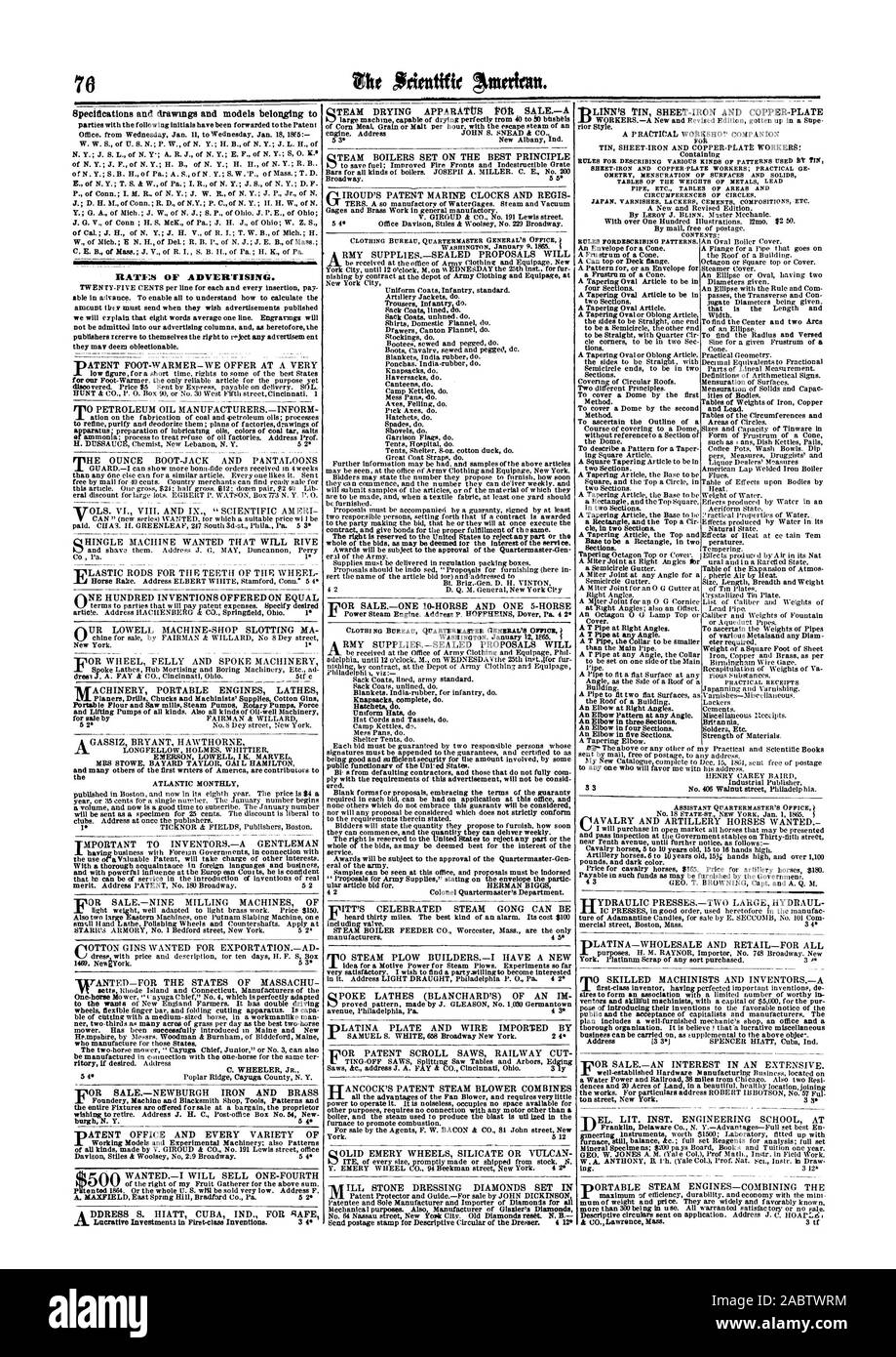 BUREAU DE L'HABILLEMENT VÊTEMENTS BUREAU DU OENERAL QUARTIER-MAÎTRE TIMONIER, Bureau de l'irréel (0E7701. Spécifications et dessins et modèles appartenant t TAUX DE LA PUBLICITÉ. 'DLINN'S Fiche d'étain-cuivre et fer-OMETRY PLAQUE DENDROMÉTRIE DE SURFACES ET DE SOLIDES TABLES DU POIDS DES TUYAUX EN PLOMB MÉTAUX ETC. TABLES DES DOMAINES ET DES CIRCONFÉRENCES DE CERCLES JAPON VERNIS LACKERS COMPOSITIONS CIMENTS ETC. SOUS-BUREAU DU QUARTIER-MAÎTRE, Scientific American, 1865-01-28 Banque D'Images