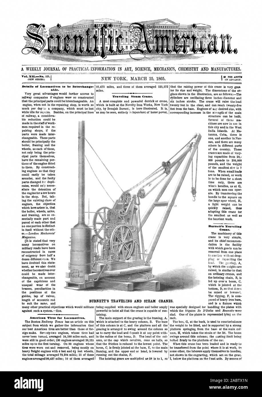 Grues à vapeur. Plus de détails au large de locomotives pour être en mesure d'échange. Pneus américains pour les locomotives. Grue à vapeur de voyage. Burnettys voyageant grue. Burnett et voyager, Scientific American, 1865-03-25 Banque D'Images