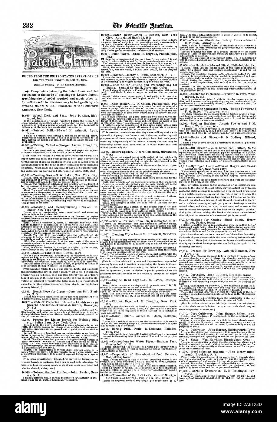 Émis par le UNITED STATES PATENT OFFICE POUR LA SEMAINE SE TERMINANT LE 28 MARS 1865. OFecialIN ont déclaré ou le Scientific American. Des dépliants contenant de l'Aar et les lois sur les brevets, des renseignements complets au sujet du mode d'une demande de lettres patentes en spécifiant la taille de modèle requis et beaucoup d'autres en formation utile pour les inventeurs peuvent être eu gratis par ad dressing MUNN il CO. Éditeurs de la revue Scientific American New York. L'école 24 et SeatJobn 46980P. Allen Rich mond Ind. : un soutien ainsi qu'un moyen de fixer le mem pour l'étagère inférieure g ou de l'ouvrage fort nettement définies. Faire percer Mass. Banque D'Images