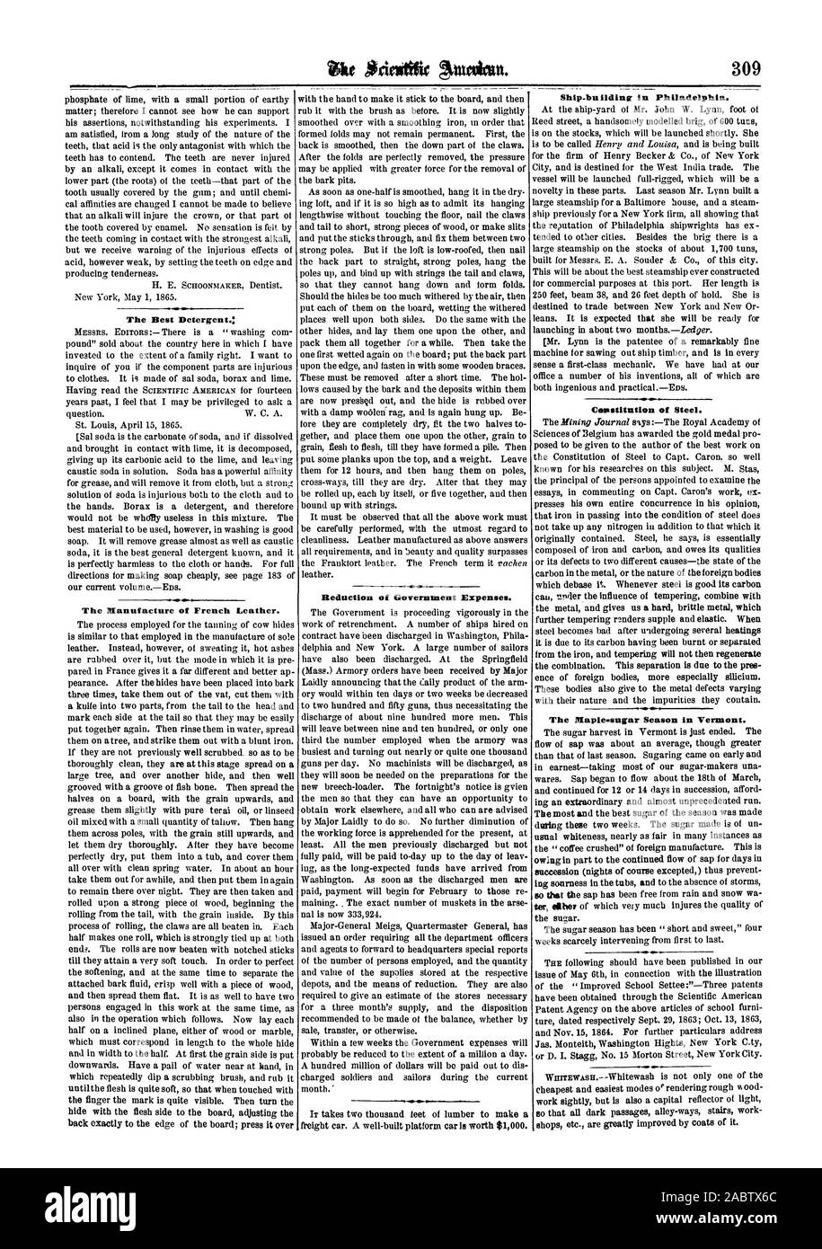 Le meilleur détergent. La fabrication de cuir français. Réduction des dépenses du gouvernement. Coustitntion en acier., Scientific American, 1865-05-13 Banque D'Images