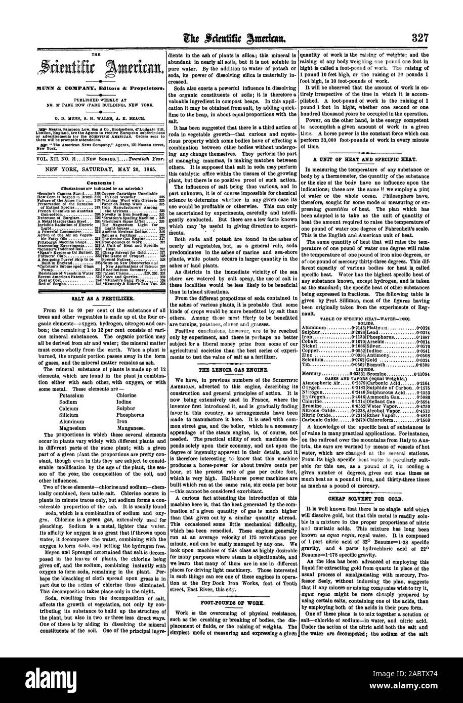 NEW YORK SAMEDI 20 MAI 1865. Contenu. : SEL COMME ENGRAIS. Le moteur LENOIR GAB. Pieds-LIVRES DE TRAVAIL. Une UNITÉ DE CHALEUR ET LA CHALEUR SPÉCIFIQUE. Peu DE SOLVANT POUR L'OR., Scientific American, 1865-05-20 Banque D'Images