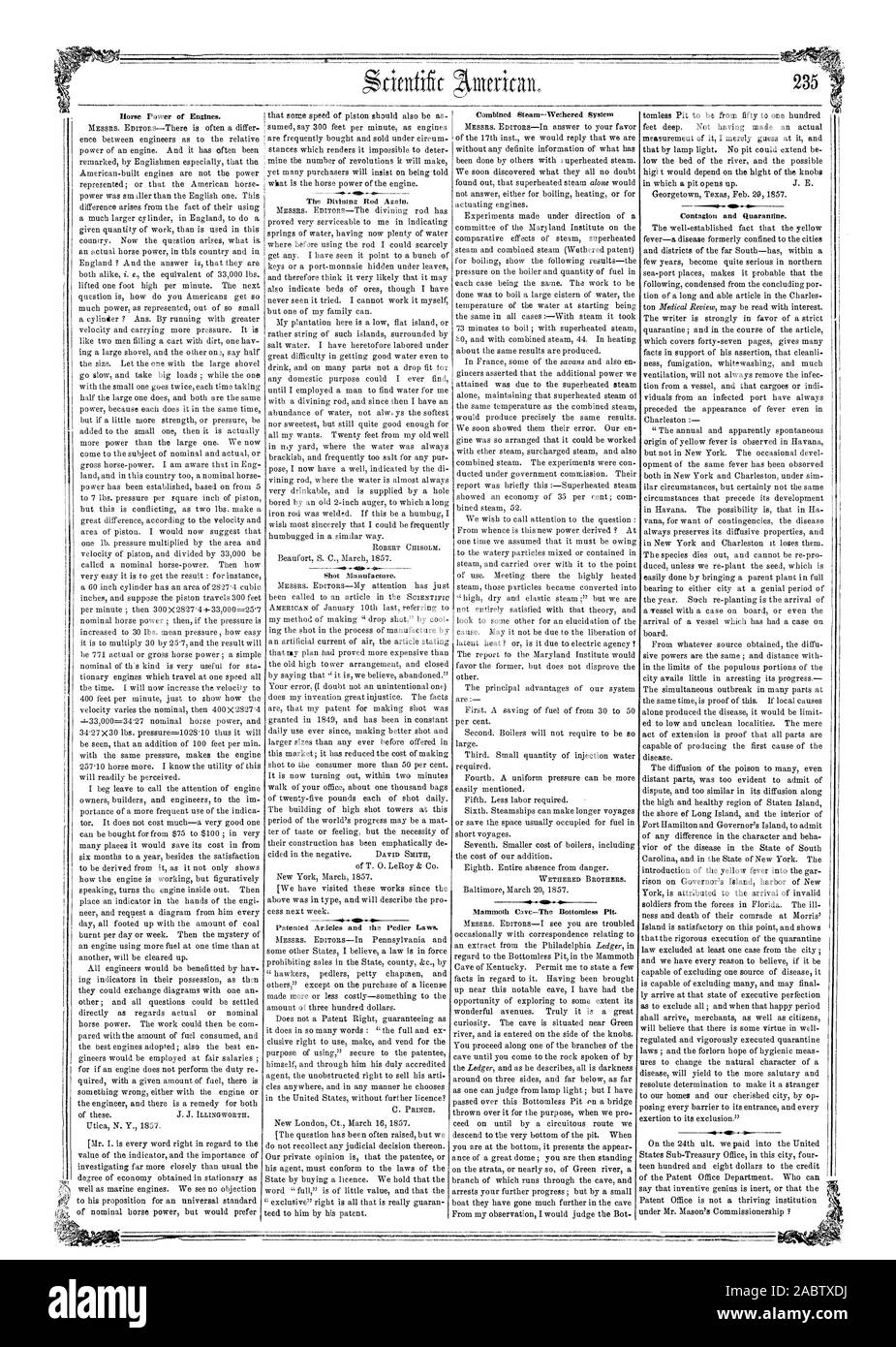La puissance des moteurs. La tige Devinante à nouveau. ROBERT Chisholm. Shot Fabrication. WETHERED FRÈRES. Grotte Mammoth-l'Abîme. La contagion et la quarantaine., Scientific American, 1857-04-04 Banque D'Images