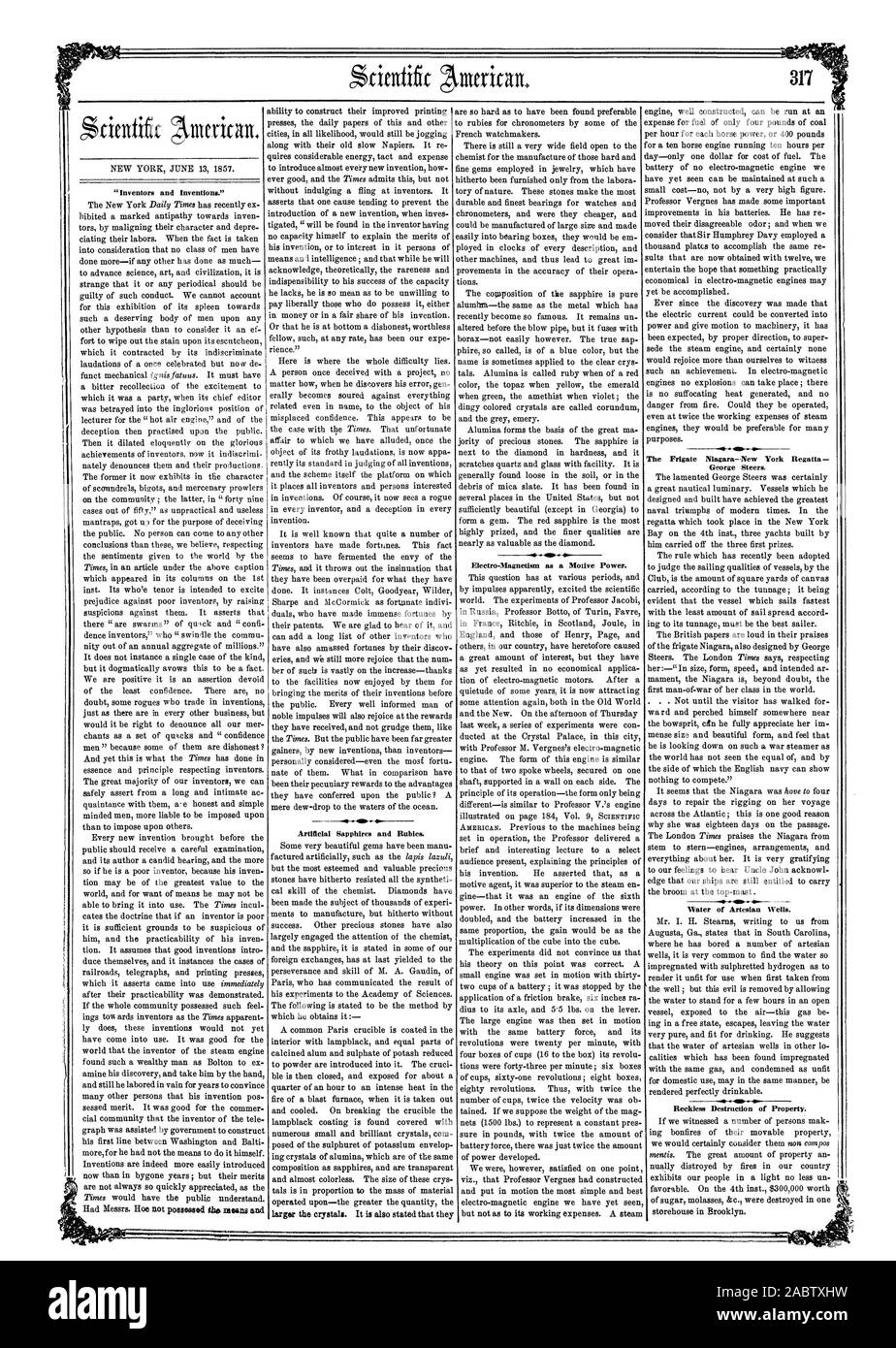 Inventeurs et inventions." Saphirs artificiels et de rubis. L'électro magnétisme.en tant que force motrice. 4 O. La Frégate Niagara-New York Regatta George Steers. J'Vater de puits artésiens. La destruction négligente des biens., Scientific American, 1857-06-13 Banque D'Images