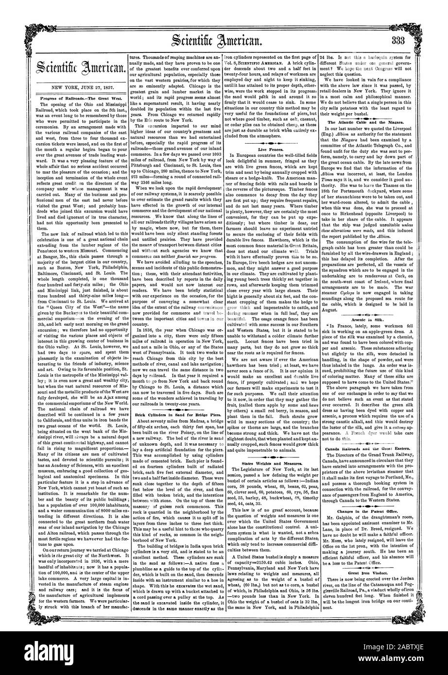 Progrès de l'RaliroadsThe Grand Ouest. Les vérins de brique dans le sable pour les piles de ponts. 4 membres des poids et mesures. Le câble de l'Atlantique et le Niagara. L'arsenic dans la soie. Chemins de fer du Canada et le Great Eastern. Les changements dans l'Office des brevets. Fer à Repasser grand viaduc., Scientific American, 1857-06-27 Banque D'Images