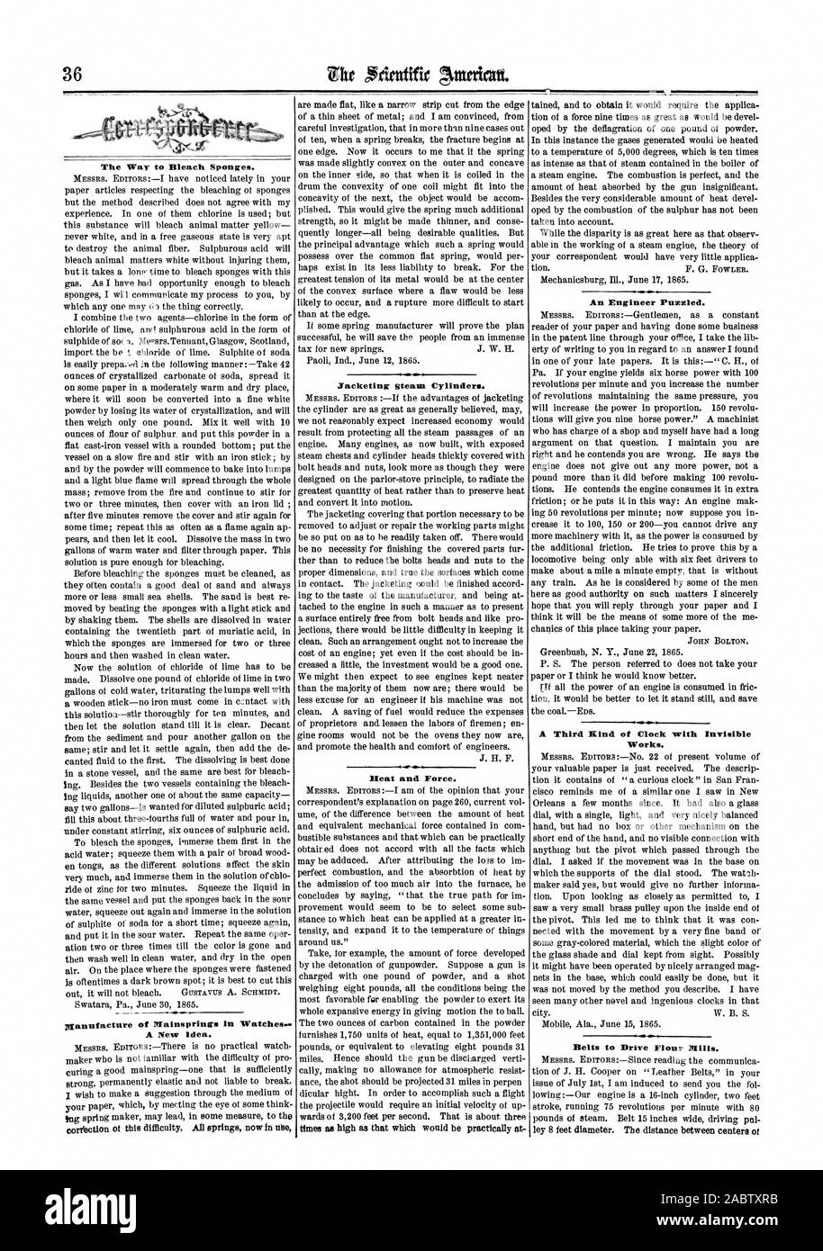 La manière d'éponges d'eau de Javel. Une nouvelle idée. Enrober les vérins à vapeur. La chaleur et la Force. Un ingénieur perplexe. Un troisième type d'horloge avec 'Invisible fonctionne. Les courroies à la route des moulins à farine., Scientific American, 1865-07-15 Banque D'Images