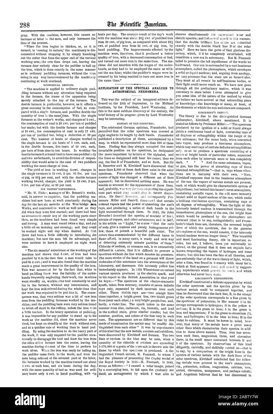 APPLICATION DE L'ANALYSE SPECTRALE T phénomènes astronomiques., Scientific American, 1865-11-04 Banque D'Images