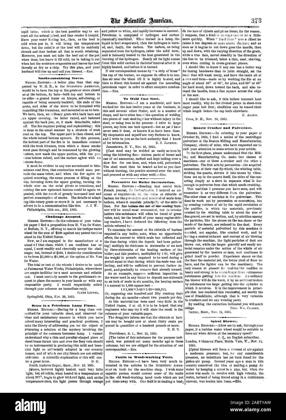 Pour l'entartrage des chaudières de prévention. Défauts d'outils de travail du bois. Défi accepté. Lampe à pétrole en laiton dans une flamme. La soufflante en spirale. Broyeur concasseur et Quartz., Scientific American, 1865-12-09 Banque D'Images