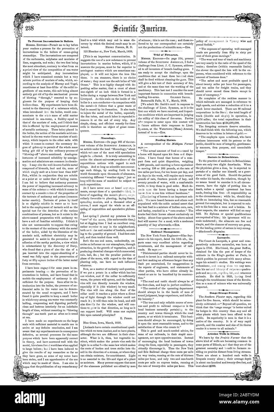 C$ afin d'éviter des incrustations dans les chaudières. Moonology. Procès de feu.les bras. Nourrir les chevaux. La gestion des chemins de fer. Les médecins en Beloochlstan. Lacépède. Les puits artésiens dans l'Illinois., Scientific American, 1858-04-03 Banque D'Images