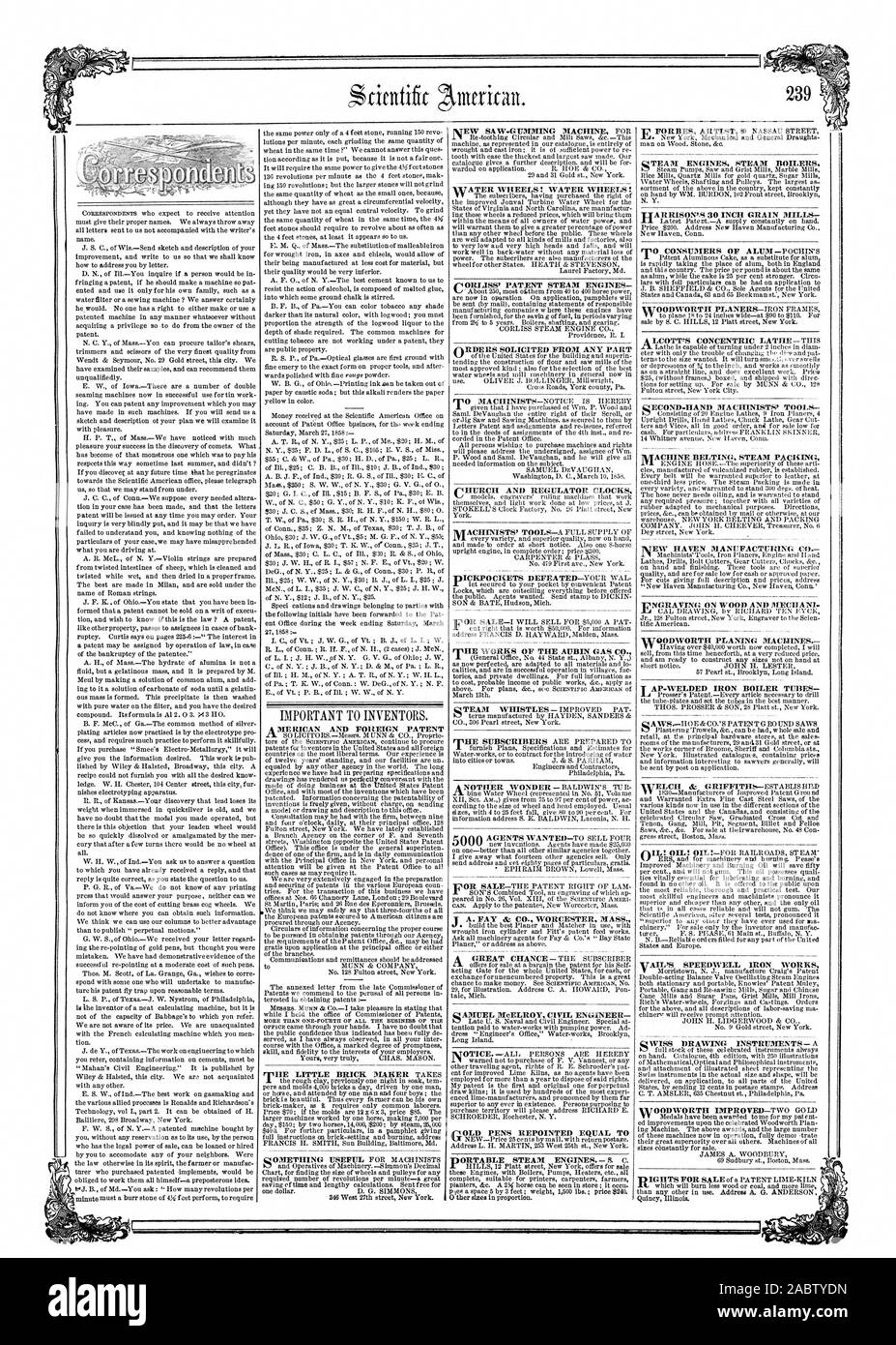 Je A. FAY & CO. WORCESTER MASSE. QAMUEL McELROY INGÉNIEUR CIVIL C1VIEUX STYLOS REPOINTED T ÉGALE '1 CHAUDIÈRES À VAPEUR MOTEURS DE L'ÉQUIPE DE QECOND OUTILS DES MÉCANICIENS DE COURROIES D'EMBALLAGE DE LA MACHINE À VAPEUR 1VEW HAVEN MANUFACTURING C SUR VNGRAVING VITOODWORTH ET BOIS NI DE MÉCHAS RABOTEUSES À ITAILIS SPEEDWELL IRON WORKS, Scientific American, 1858-04-03 Banque D'Images