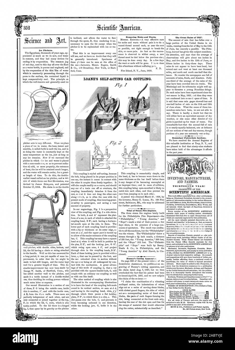Les pichets de glace. Dépose des grains de beauté et des verrues. Procès de la vapeur d'incendie. Appareil de coupe égayent la. Rensselaer Polytechnic Institute. 13ème année ! SCIENTIFIC AMERICAN. LOANE'S SELF-ACTING VOITURE ATTELAGE., 1858-07-10 Banque D'Images