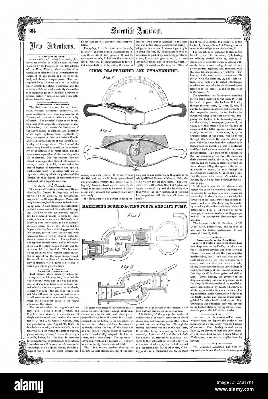 Un llterican Nouveau Alliage d'étamage. L'amélioration de la distillation. Entorse guérie par la manipulation. L'amélioration de dynamomètre. Expédition d'arpentage importants. Projet de GIBB'S-testeur et dynamomètre. HARRISON'S DOUBLE-FORCE ET LA POMPE DE RELEVAGE., Scientific American, 1858-07-24 Banque D'Images