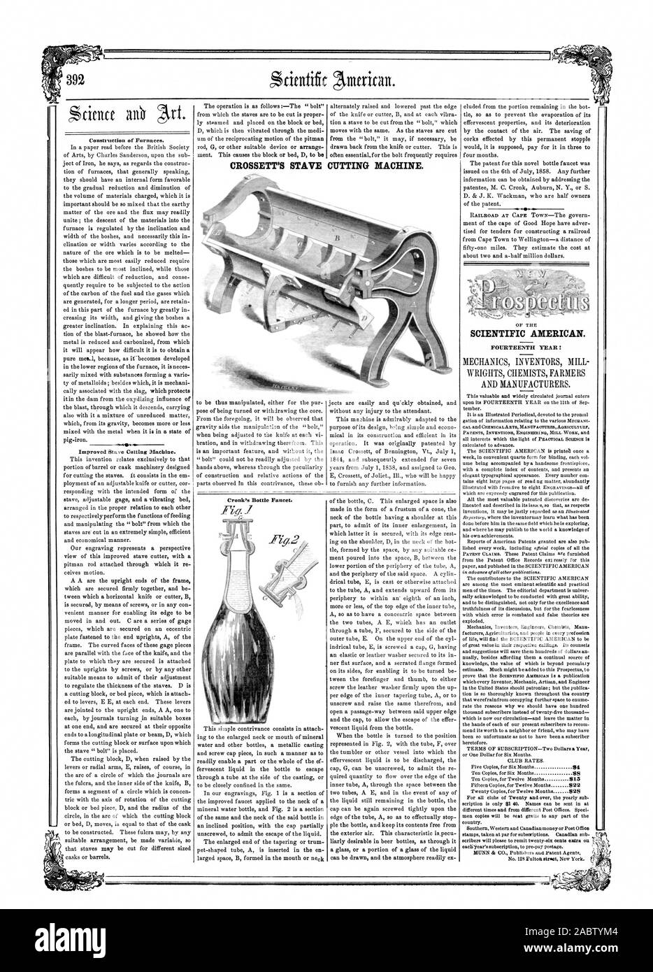 Du brevet. ment du cap de Bonne Espérance ont adver tised d'offres pour la construction d'un chemin de fer de Cape Town à Wellington-une distance de cinquante-et-un kilomètres. Ils estiment le coût à environ deux et un demi-million de dollars. SCIENTIFIC AMERICAN. Quatorzième année tembre. 94 S22 S28 LA MACHINE DE DÉCOUPAGE DE STAVE CROSSETT., 1858-08-14 Banque D'Images