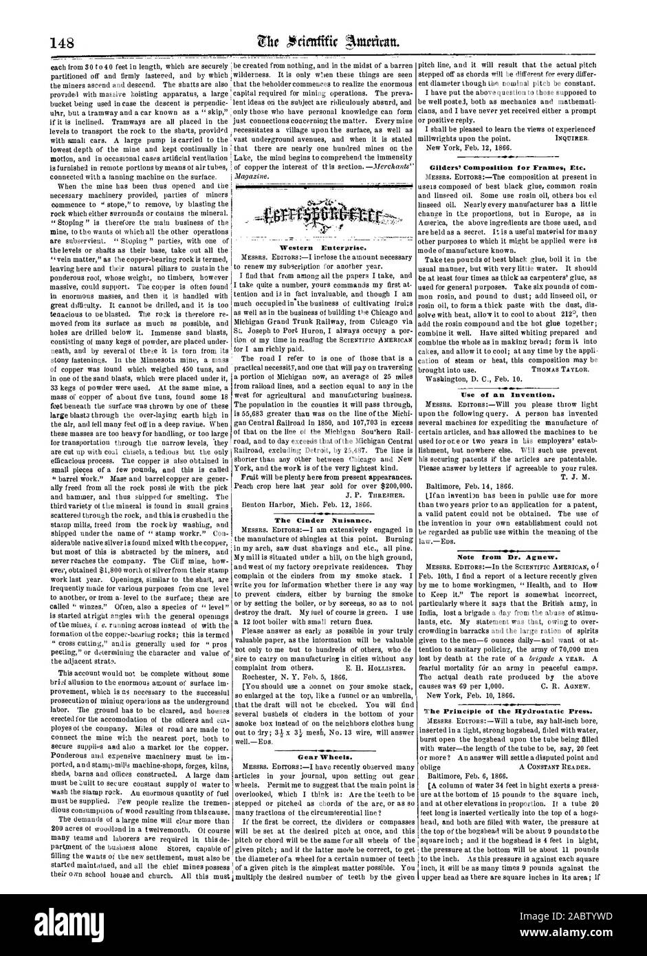 L'entreprise de l'Ouest. La nuisance des parpaings. Les roues d'engrenage. Remarque de M. Agnew. Le principe de la presse hydrostatique., Scientific American, 1866-03-03 Banque D'Images