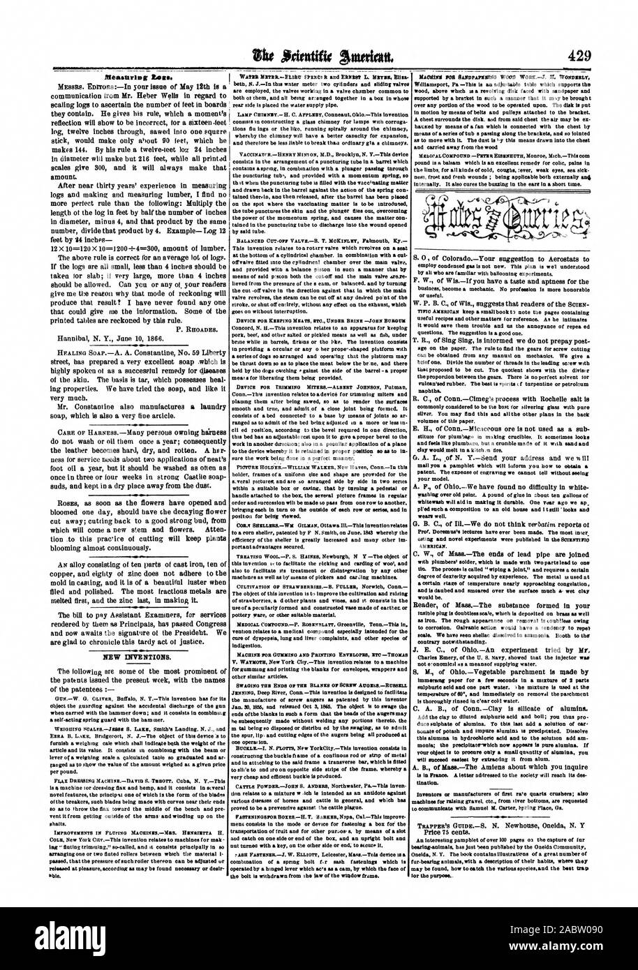 Pour communiquer avec Samuel M. Carter:piing Place Ga. : 75 cents. Une Intéressante brochure de plus de 100 pages pour la capture des animaux à fourrure vient d'être publié par la communauté d'Oneida Oneida N. Y. Le livre contient des illustrations d'un grand nombre d'animaux à fourrure avec une description de leurs habitudes, où ils peuvent être trouvés comment attraper les différentes espèces et le meilleur piège. Le but de Tor, Scientific American, 1866-06-23 Banque D'Images