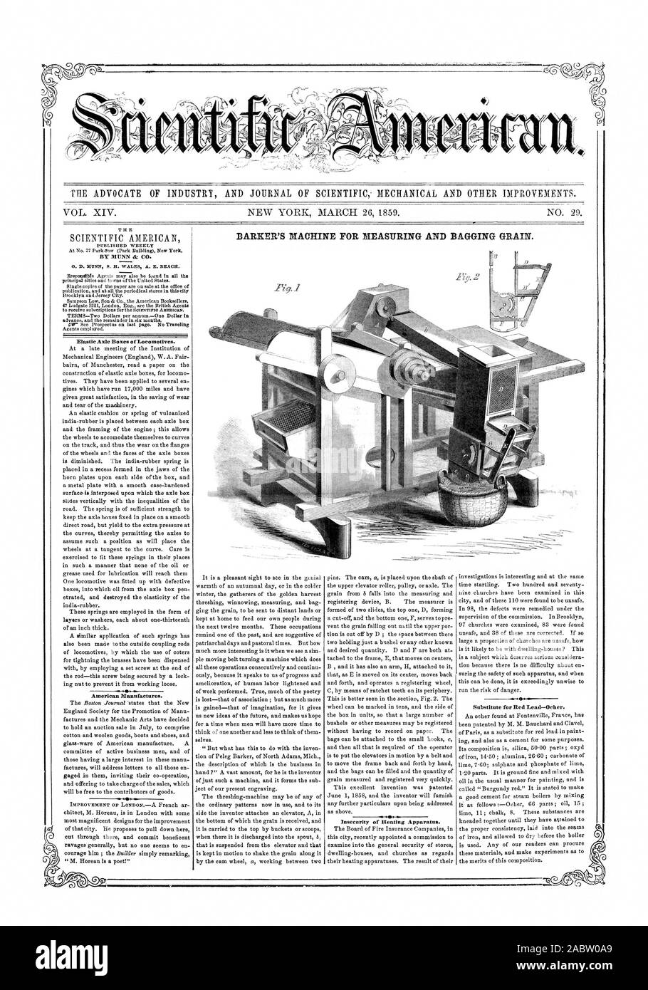 L'AVOCAT DE L'INDUSTRIE ET DU JOURNAL DE MÉCANIQUE SCIENTIFIQUE ET D'autres améliorations. BARKER'S MACHINE DE MESURE ET DE L'ensachage DU GRAIN. Boîtes d'essieu élastique de locomotives. Fabrique des Américains. L'insécurité de l'appareil de chauffage., Scientific American, 1859-03-26 Banque D'Images