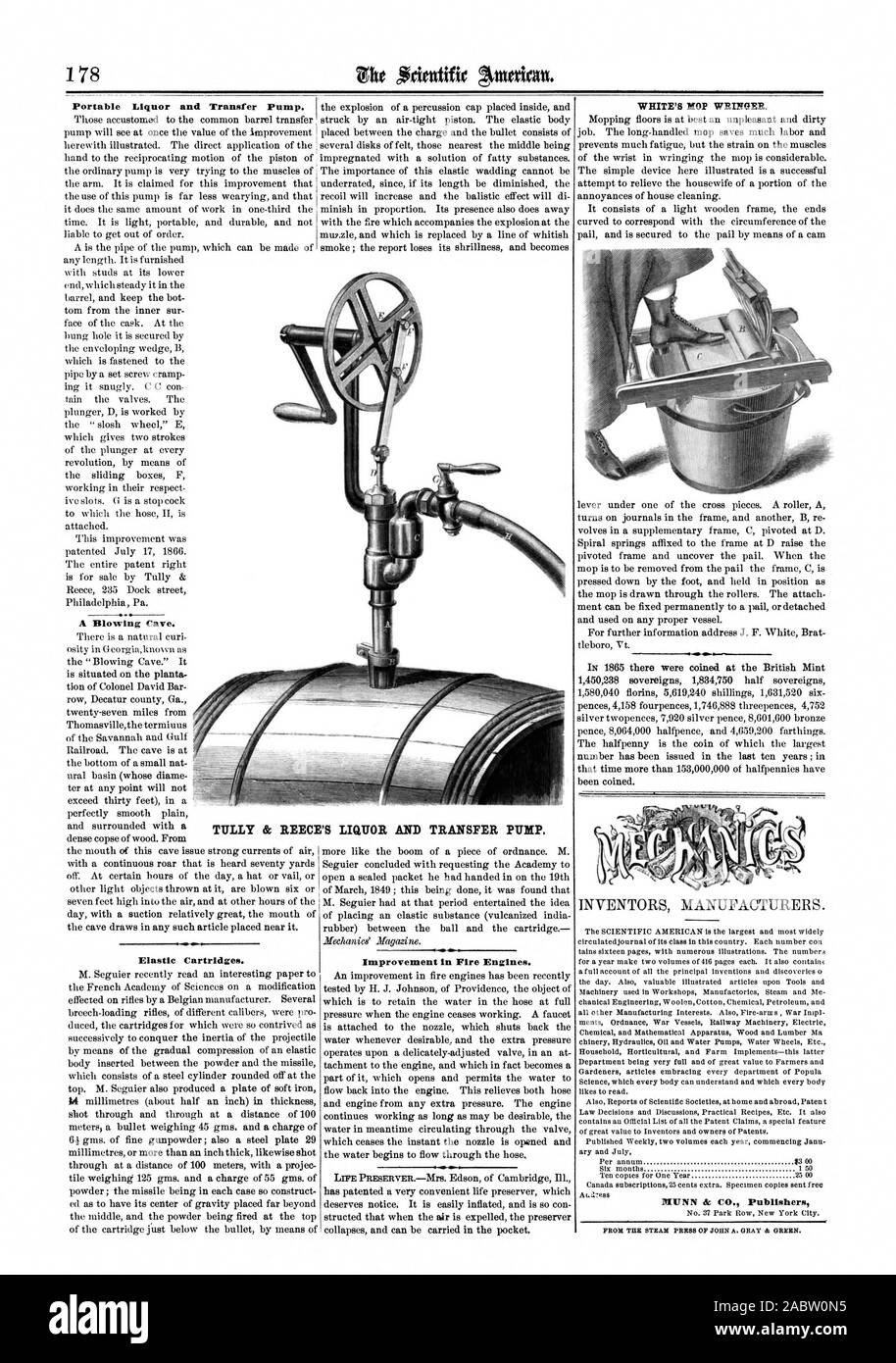 Cartouches d'élastique. Amélioration de l'incendie. WHITE'S MOP ESSOREUSE. NUNN & CIE Éditeurs & REECE'S LIQUOR ET POMPE DE TRANSFERT., Scientific American, 66-09-08 Banque D'Images